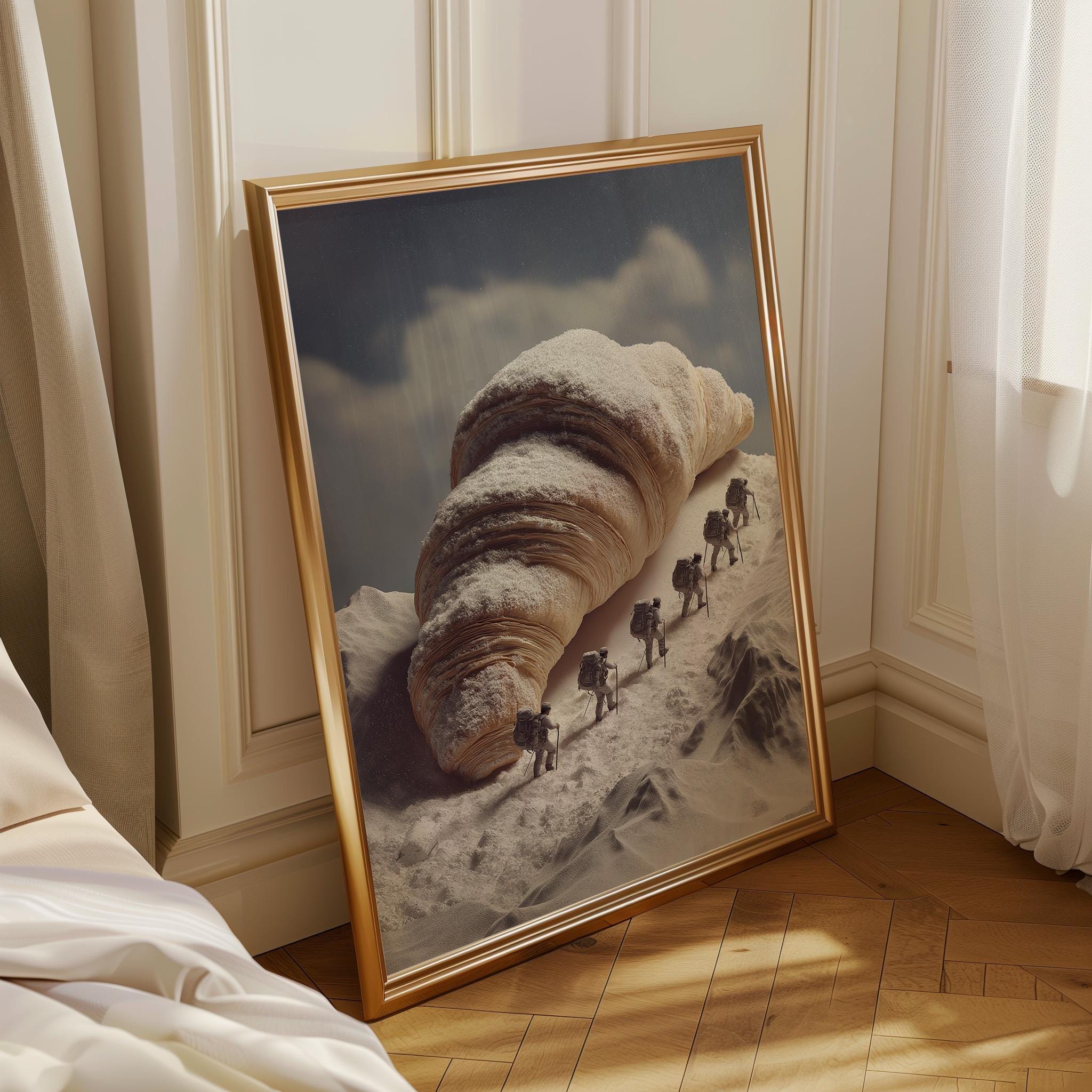 Surreal Croissant Mountain Climbers Whimsical Food Landscape Wall Art