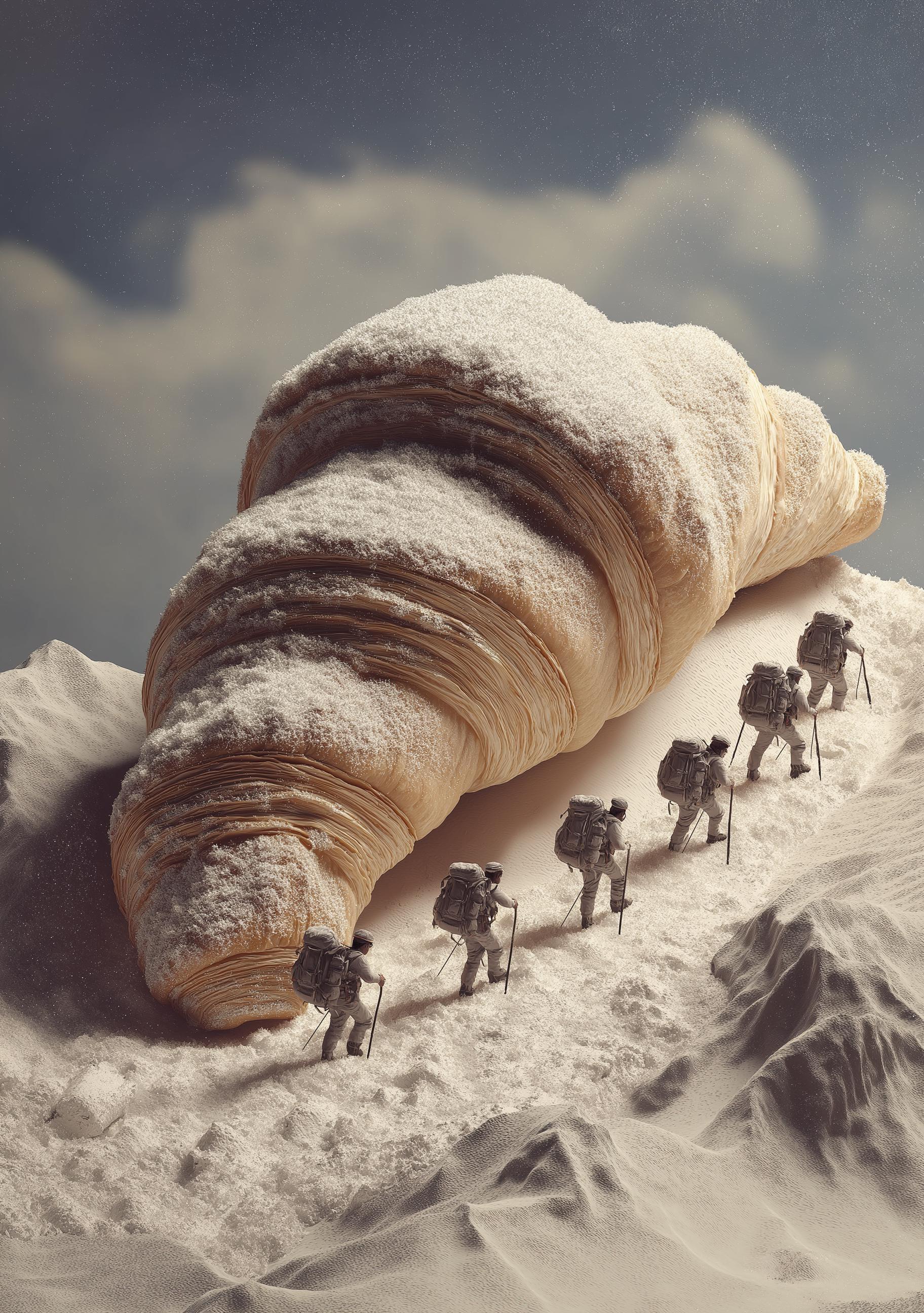 Surreal Croissant Mountain Climbers Whimsical Food Landscape Wall Art