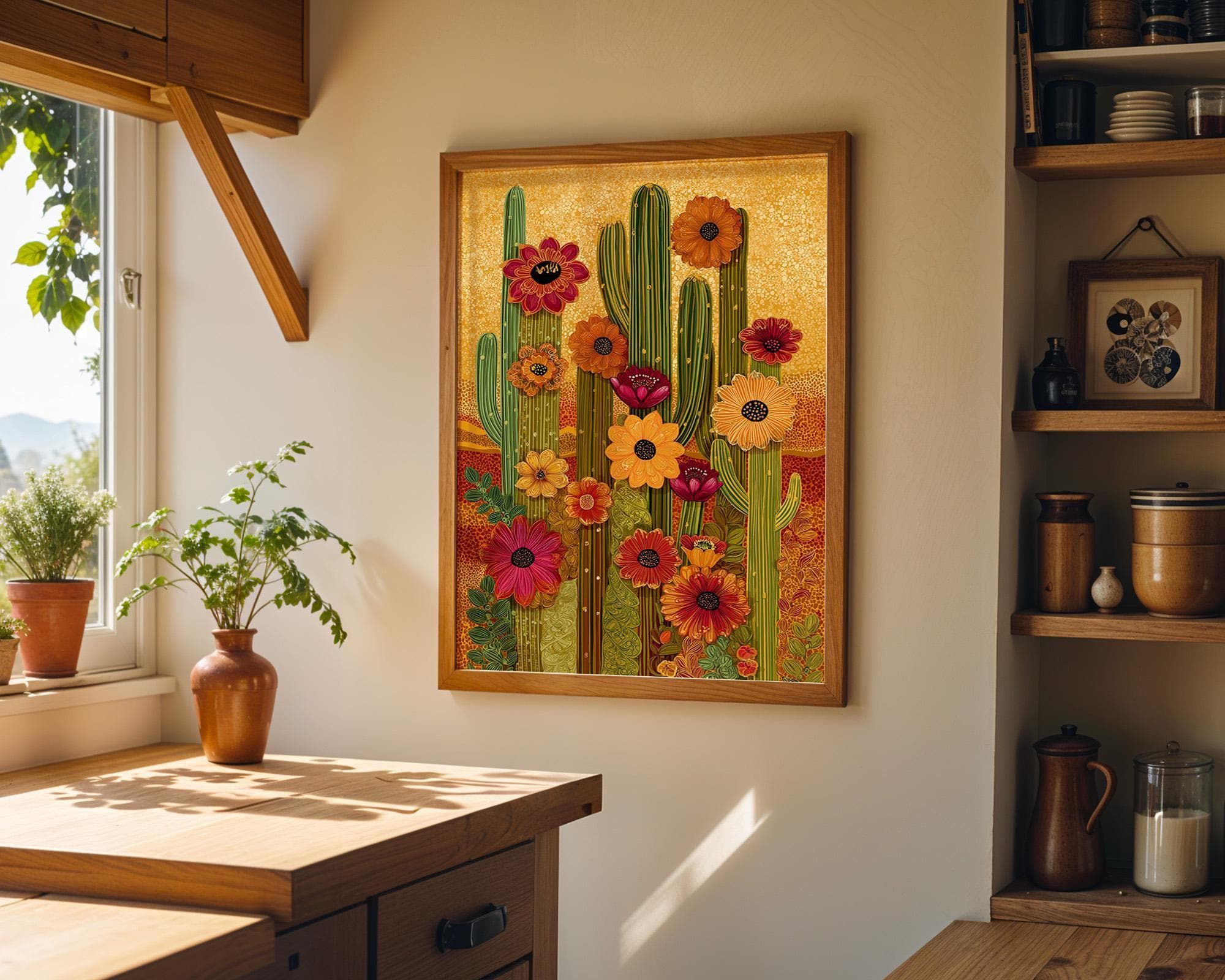 Boho Cactus Warm Desert Floral Southwestern Golden Sunset Wall Art