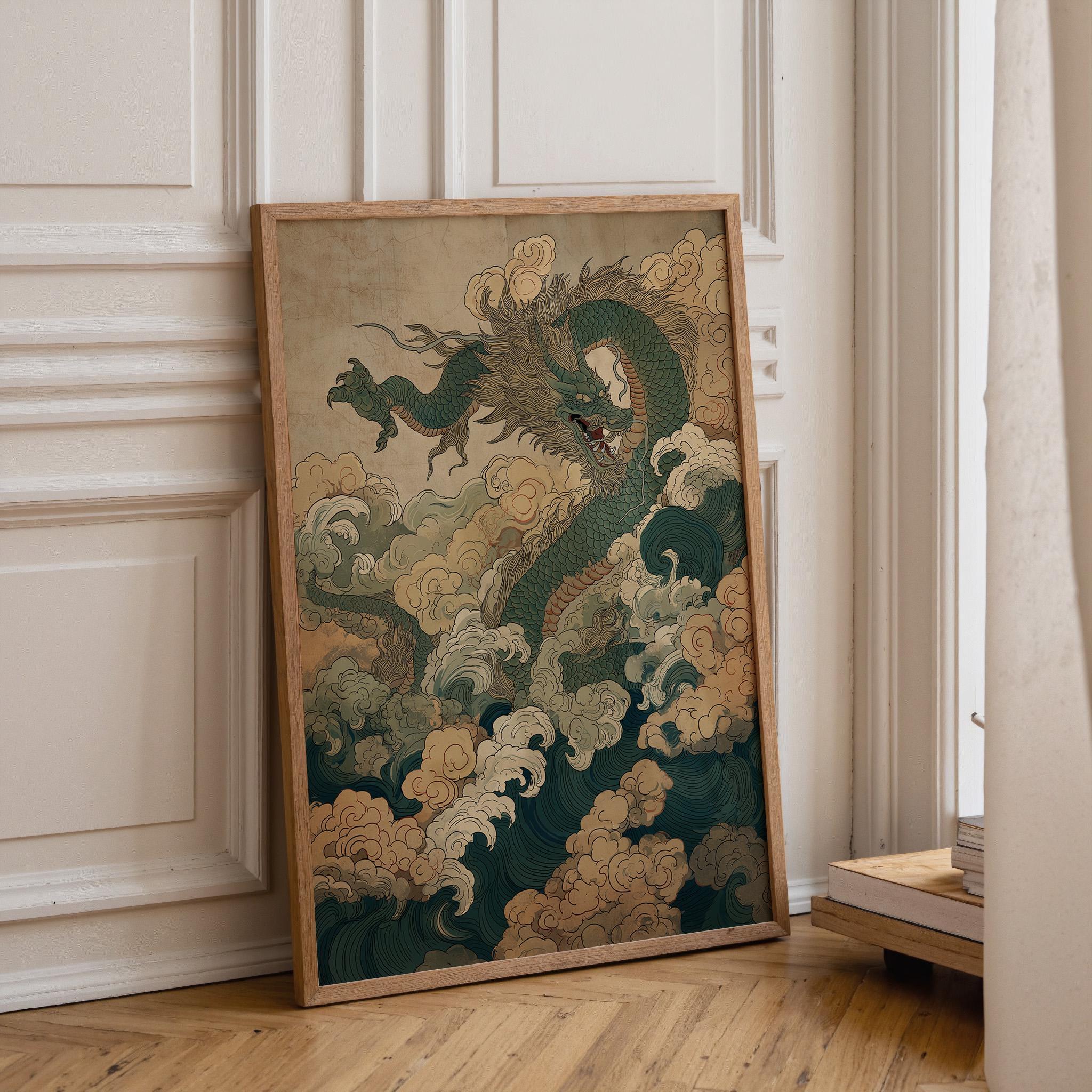 Oriental Dragon Japanese Chinese Mythical Creature Vintage Ink Style Wall Art