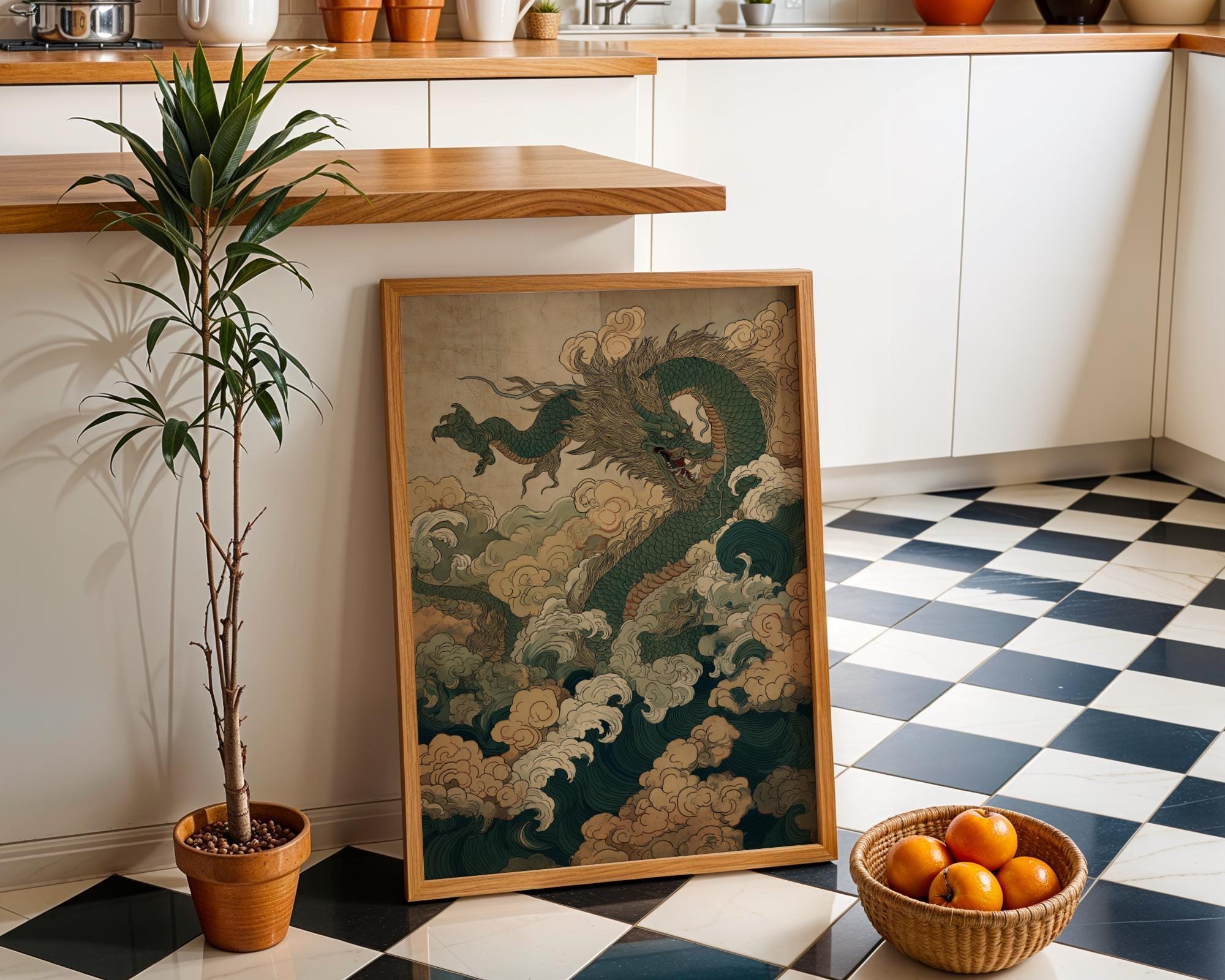 Oriental Dragon Japanese Chinese Mythical Creature Vintage Ink Style Wall Art