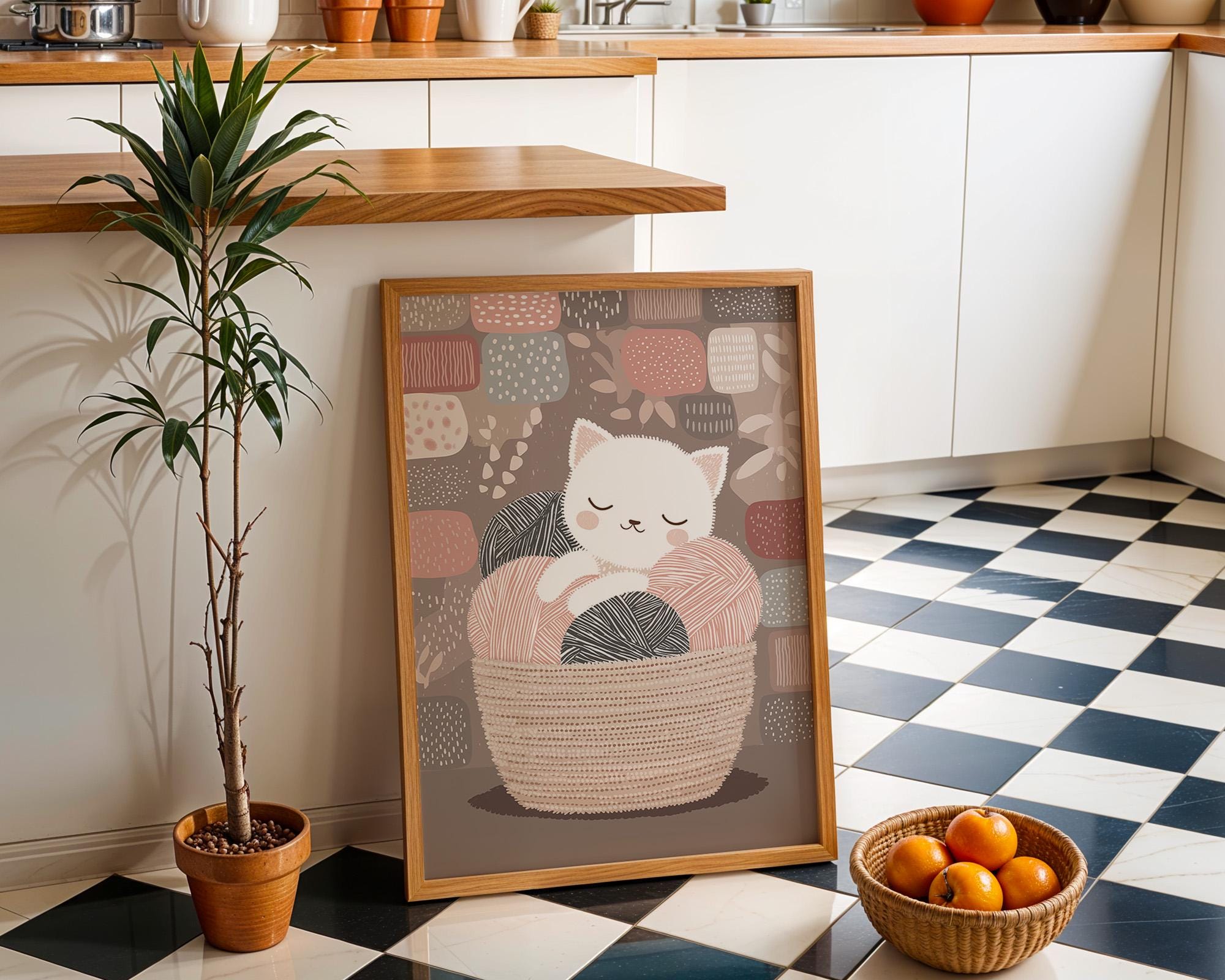Kitten in Yarn Basket Knitting Cat Cozy Nursery Wall Art by The Wall Art Studio