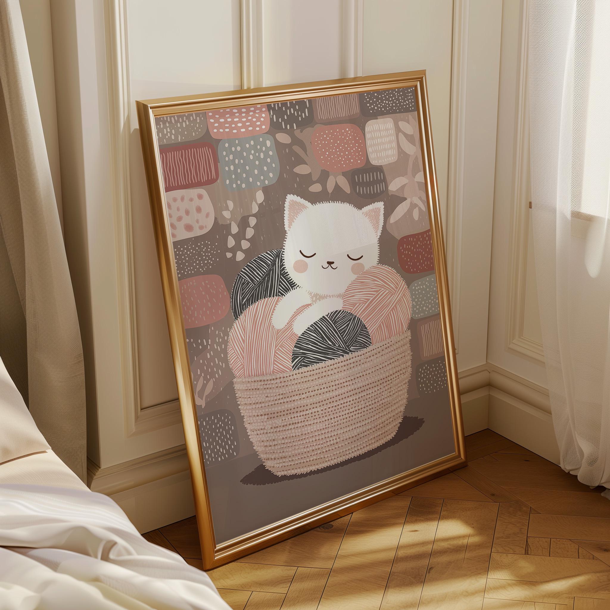 Kitten in Yarn Basket Knitting Cat Cozy Nursery Wall Art by The Wall Art Studio
