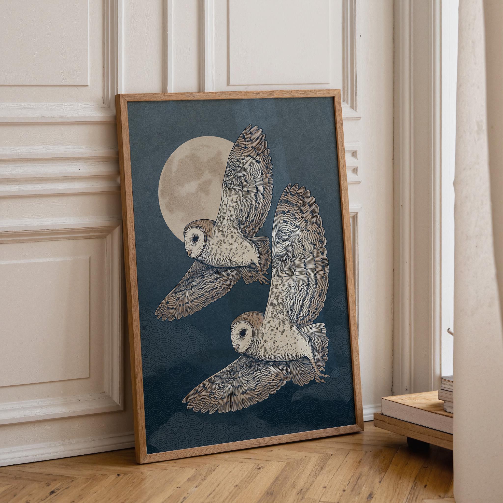 Japanese Style Owl Ukiyo-e Inspired Night Moon Wall Art by The Wall Art Studio