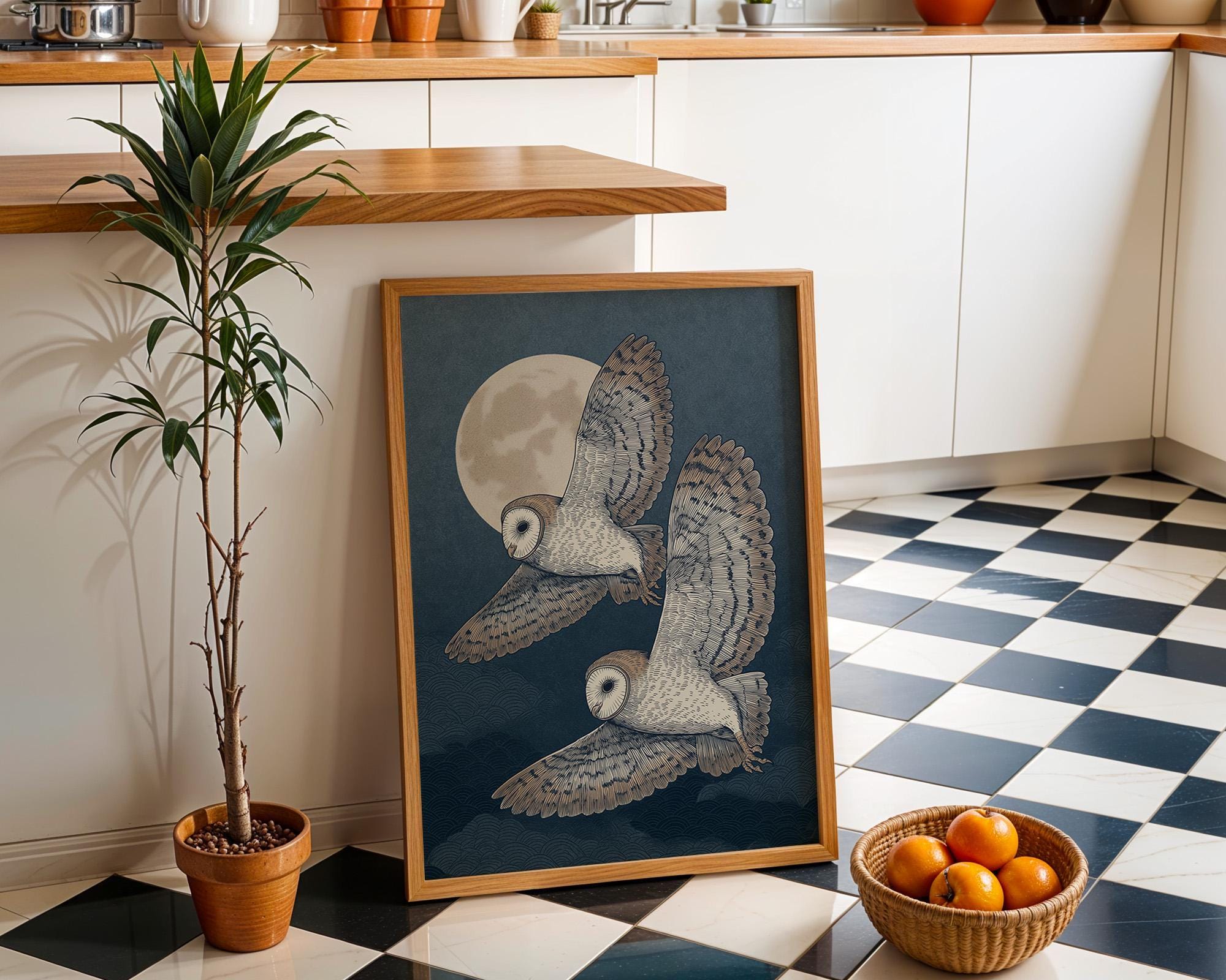 Japanese Style Owl Ukiyo-e Inspired Night Moon Wall Art by The Wall Art Studio