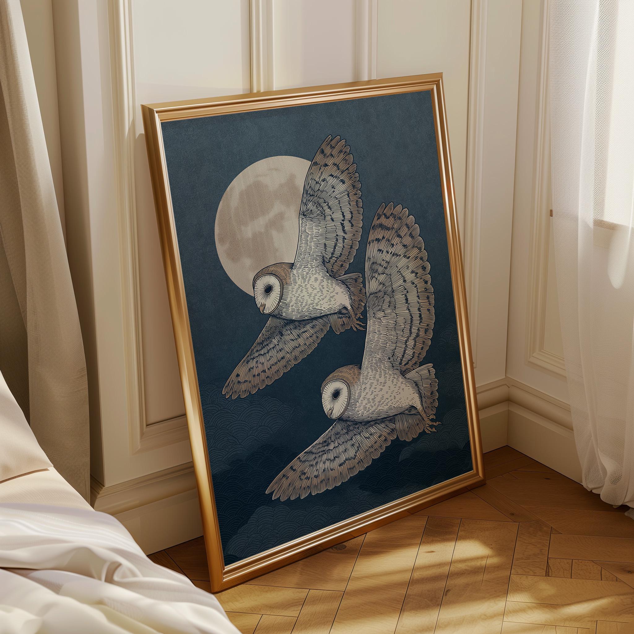 Japanese Style Owl Ukiyo-e Inspired Night Moon Wall Art by The Wall Art Studio