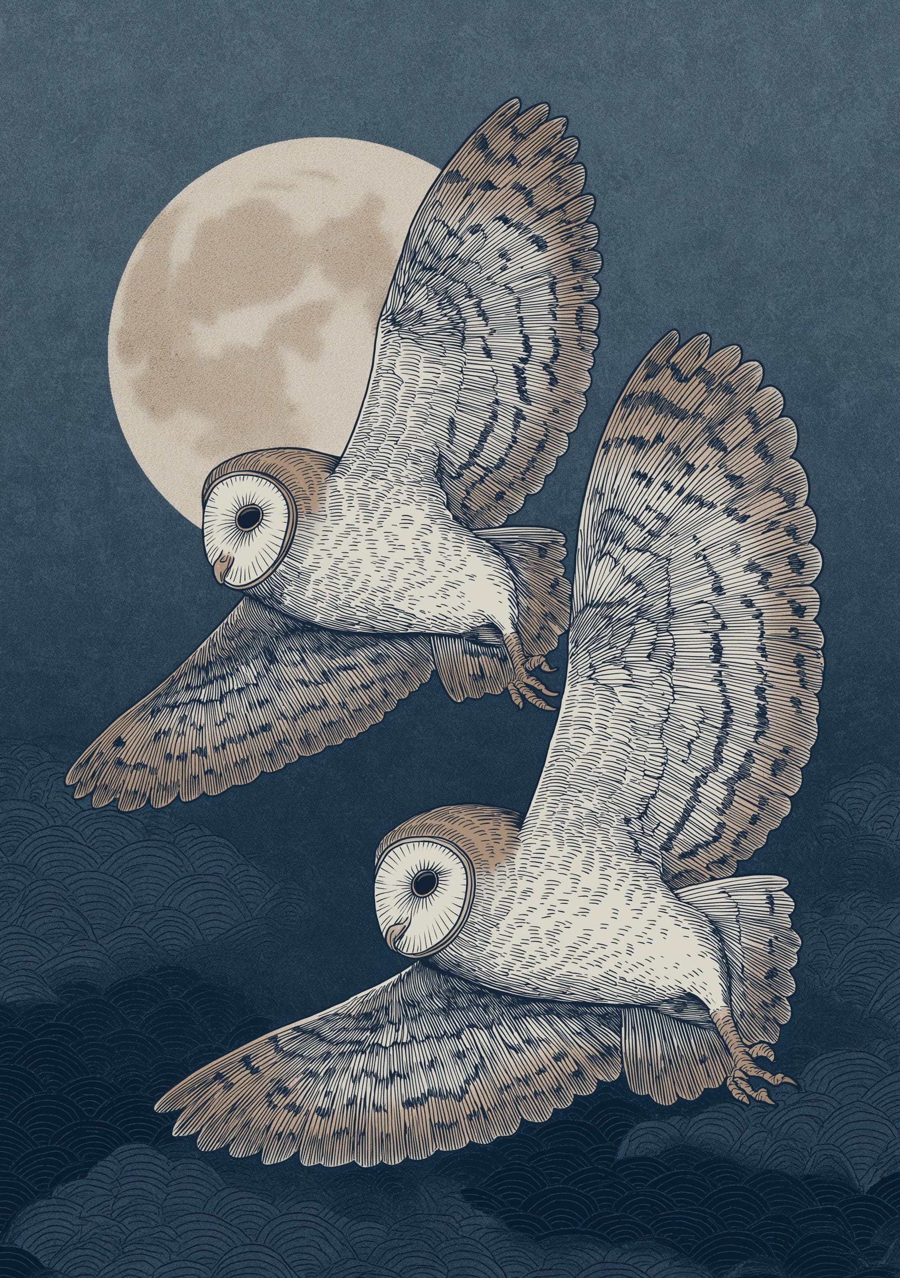 Japanese Style Owl Ukiyo-e Inspired Night Moon Wall Art by The Wall Art Studio