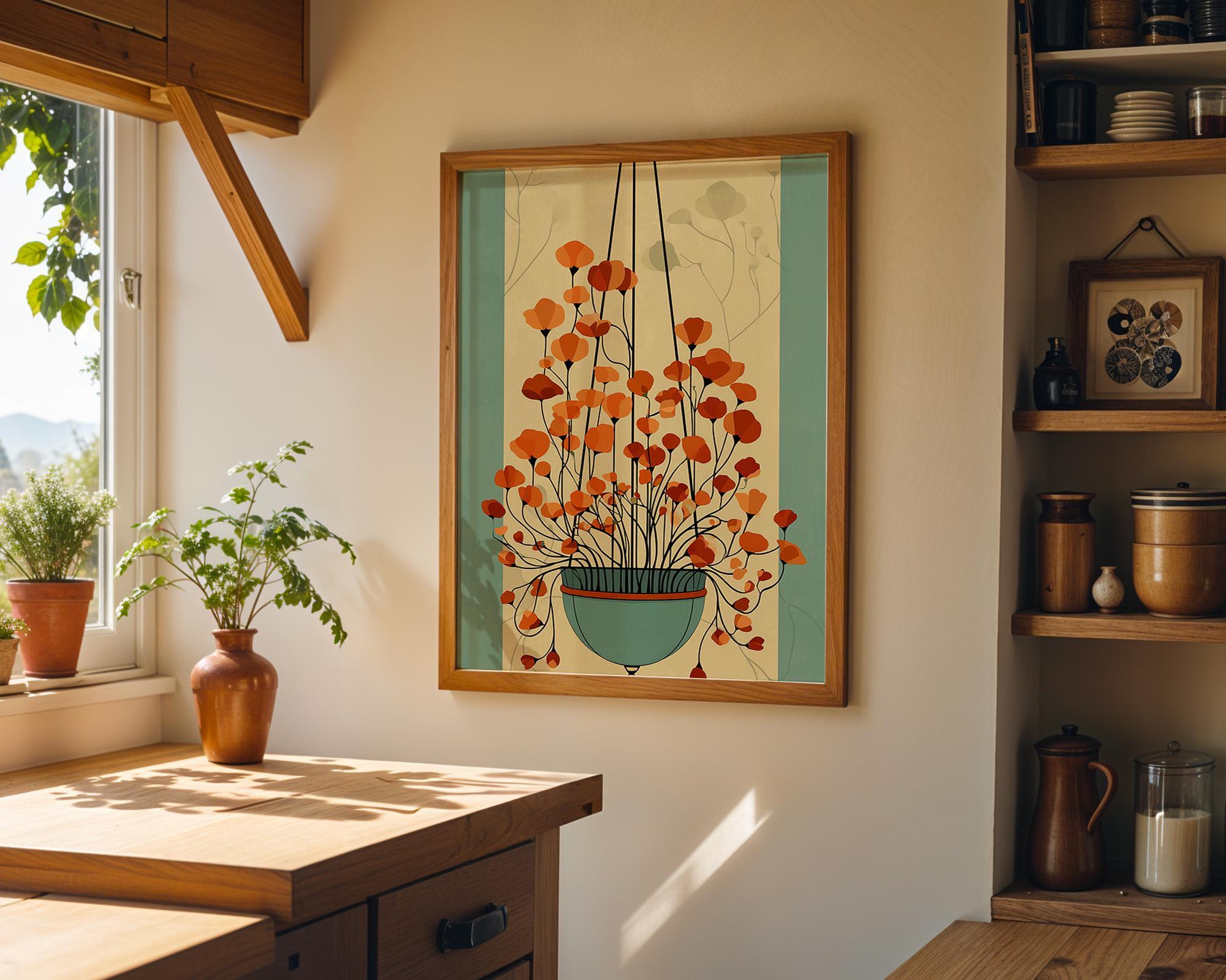 Mid Century Hanging Plant Retro Orange Floral Wall Art