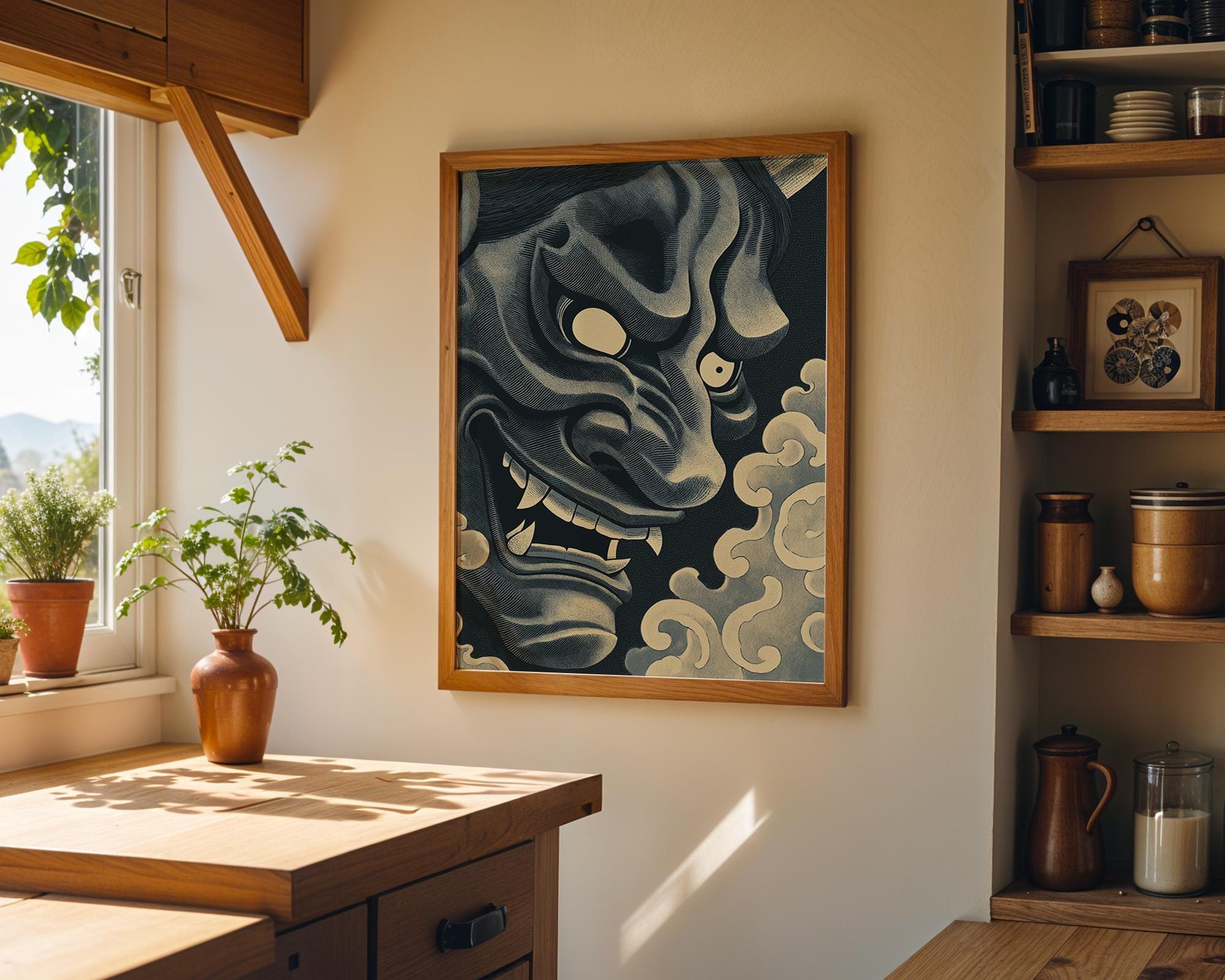 Black Oni Mask Wall Art, Japanese Demon Ukiyo-e Print, Gothic Samurai Decor (Framed Option)