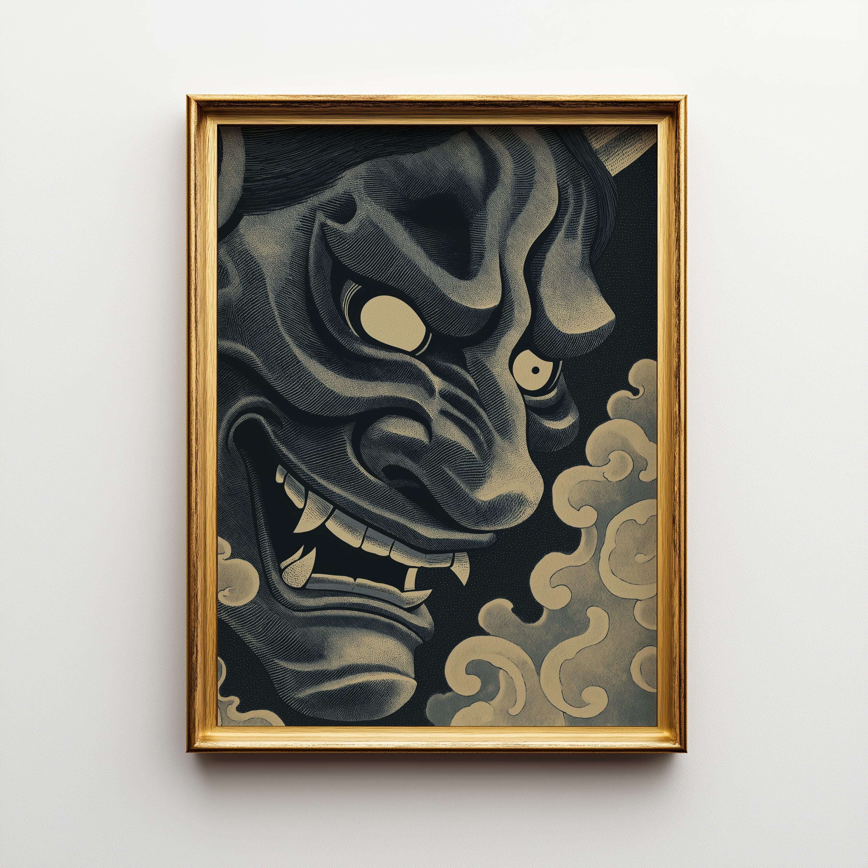 Black Oni Mask Wall Art, Japanese Demon Ukiyo-e Print, Gothic Samurai Decor (Framed Option)