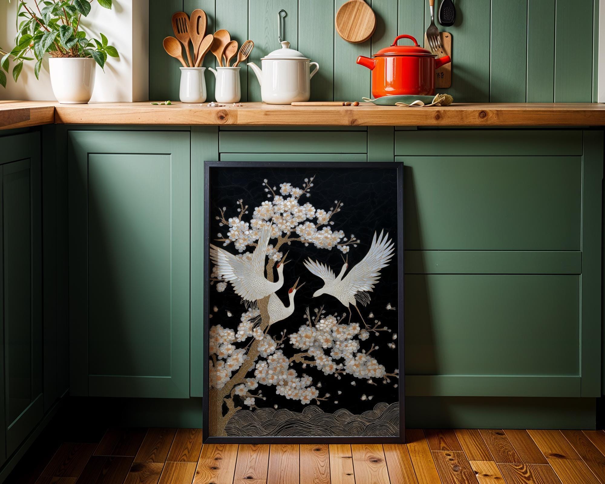 Japanese Crane Cherry Blossom Bird Elegant Oriental Mother of Pearl Style Wall Art