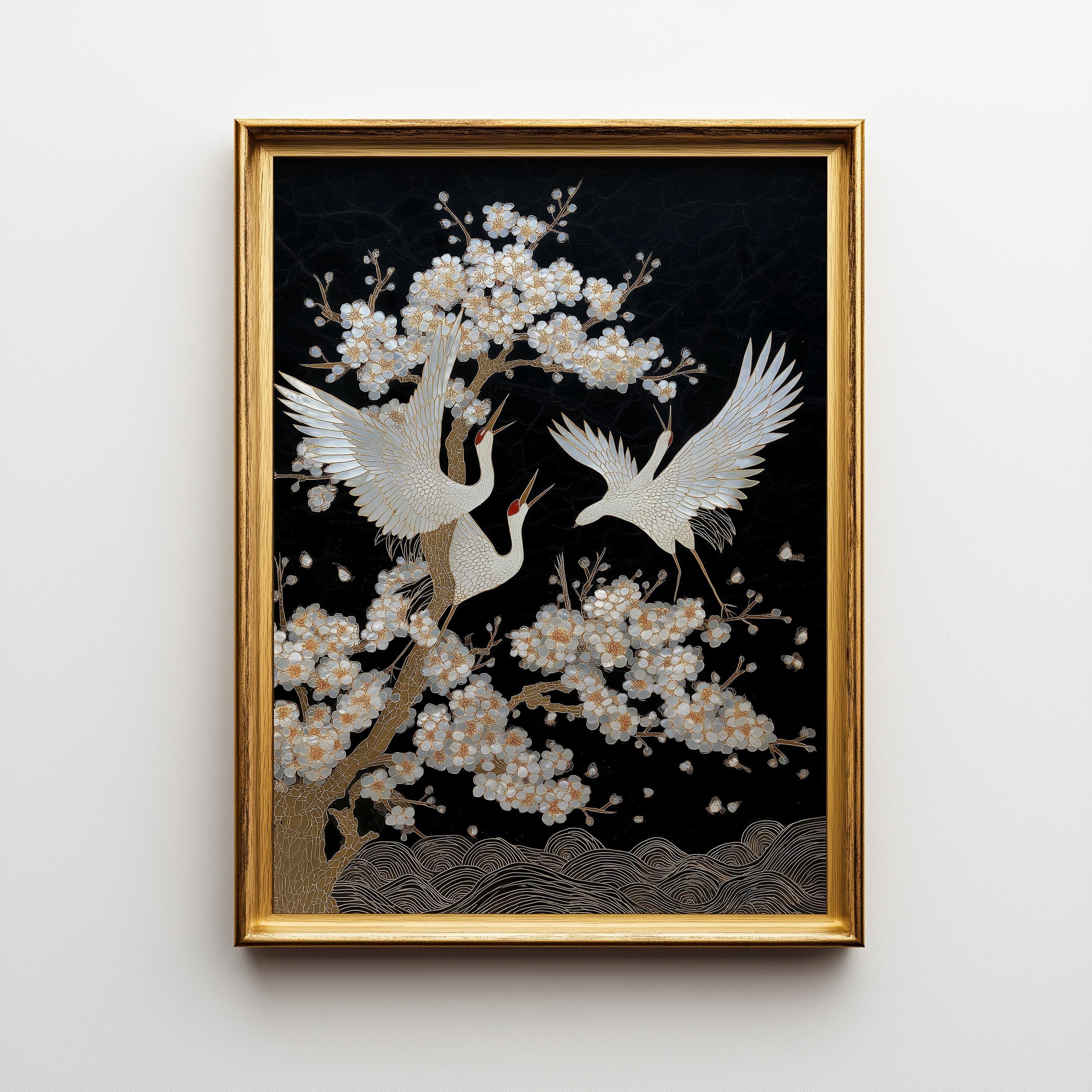 Japanese Crane Cherry Blossom Bird Elegant Oriental Mother of Pearl Style Wall Art