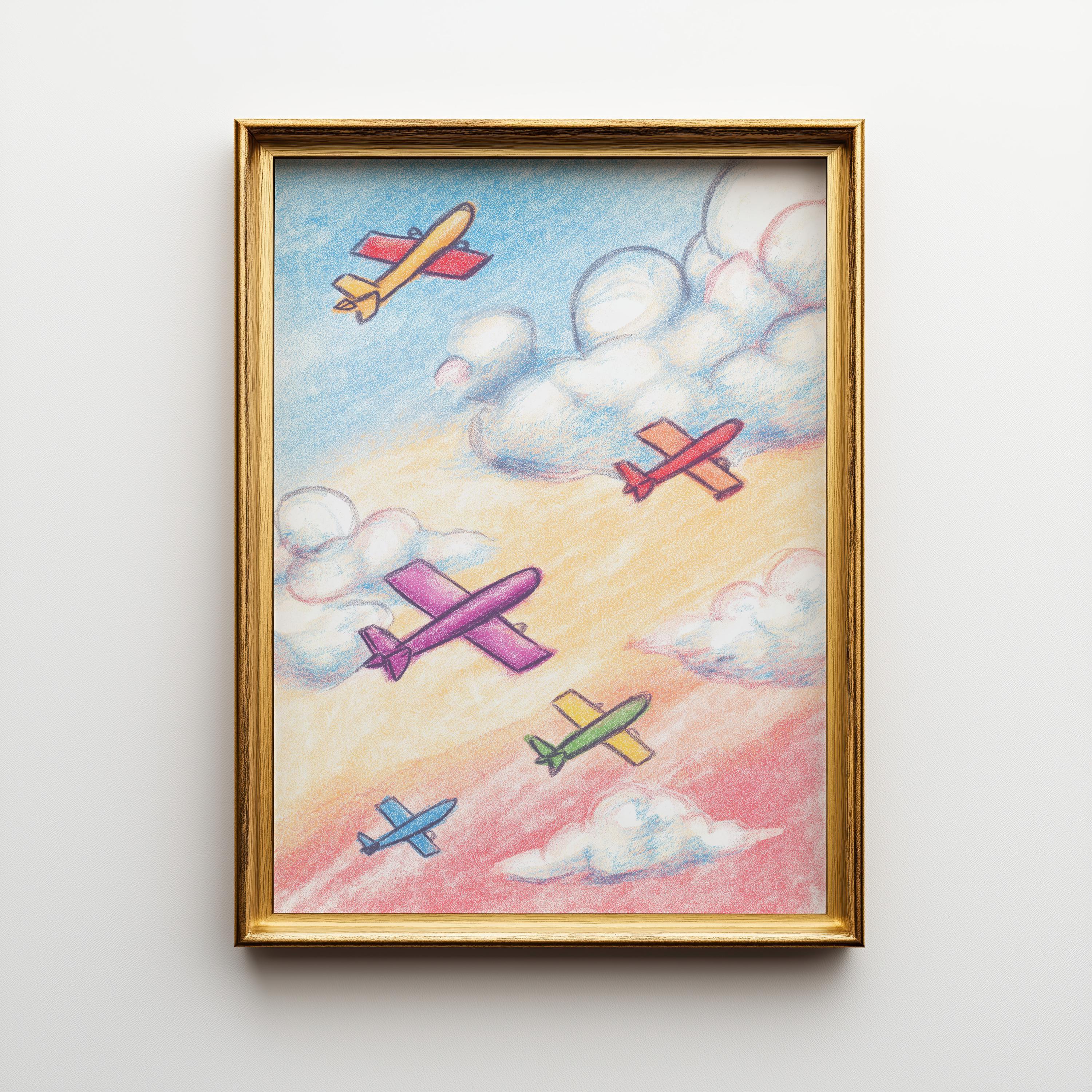 Kids Airplane Crayon Colorful Nursery Playroom Wall Art by The Wall Art Studio