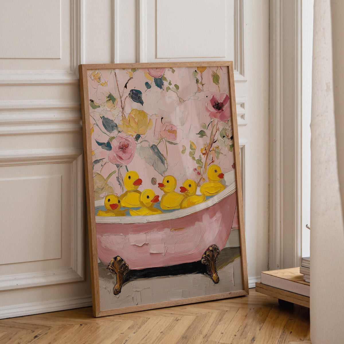 Pink Duck Bathroom Floral Bathtub Cute Rubber Duck Shabby Chic Wall Art