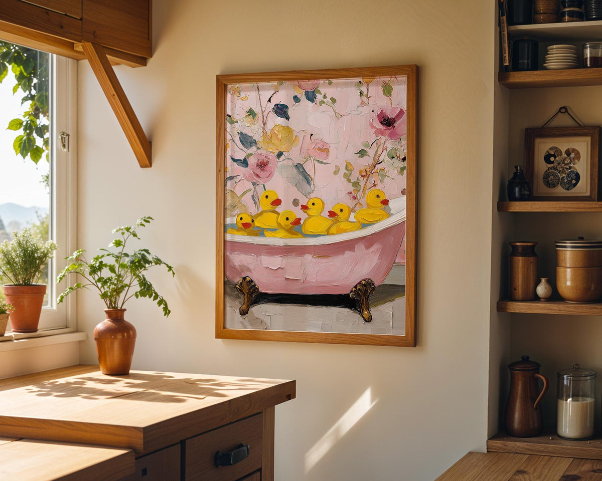 Pink Duck Bathroom Floral Bathtub Cute Rubber Duck Shabby Chic Wall Art