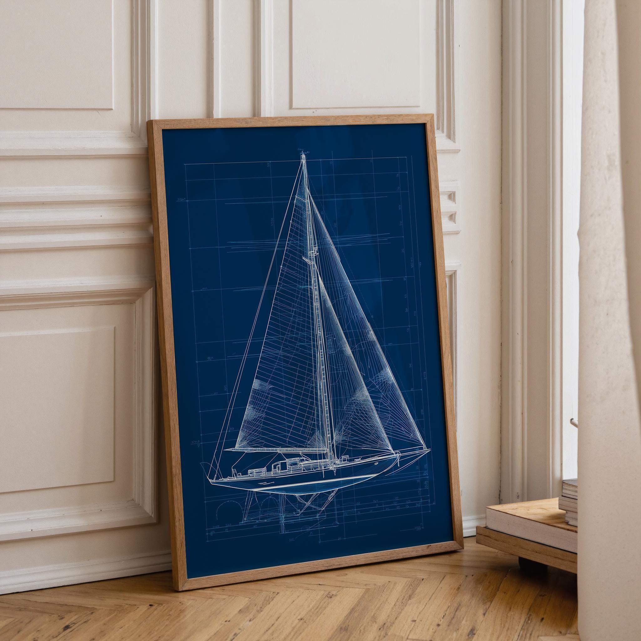 Nautical Blueprint Sailboat Technical Drawing Ship Plan Maritime Wall Art by The Wall Art Studio