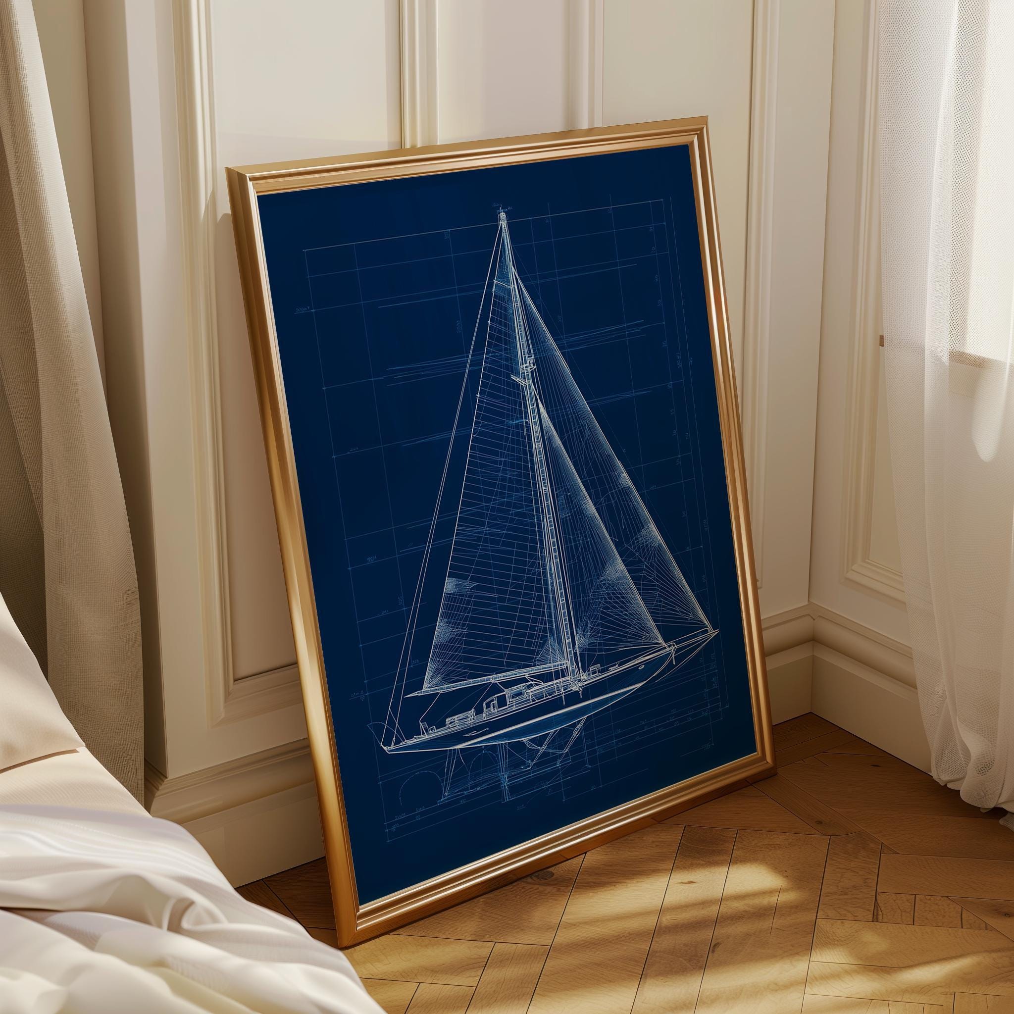 Nautical Blueprint Sailboat Technical Drawing Ship Plan Maritime Wall Art by The Wall Art Studio