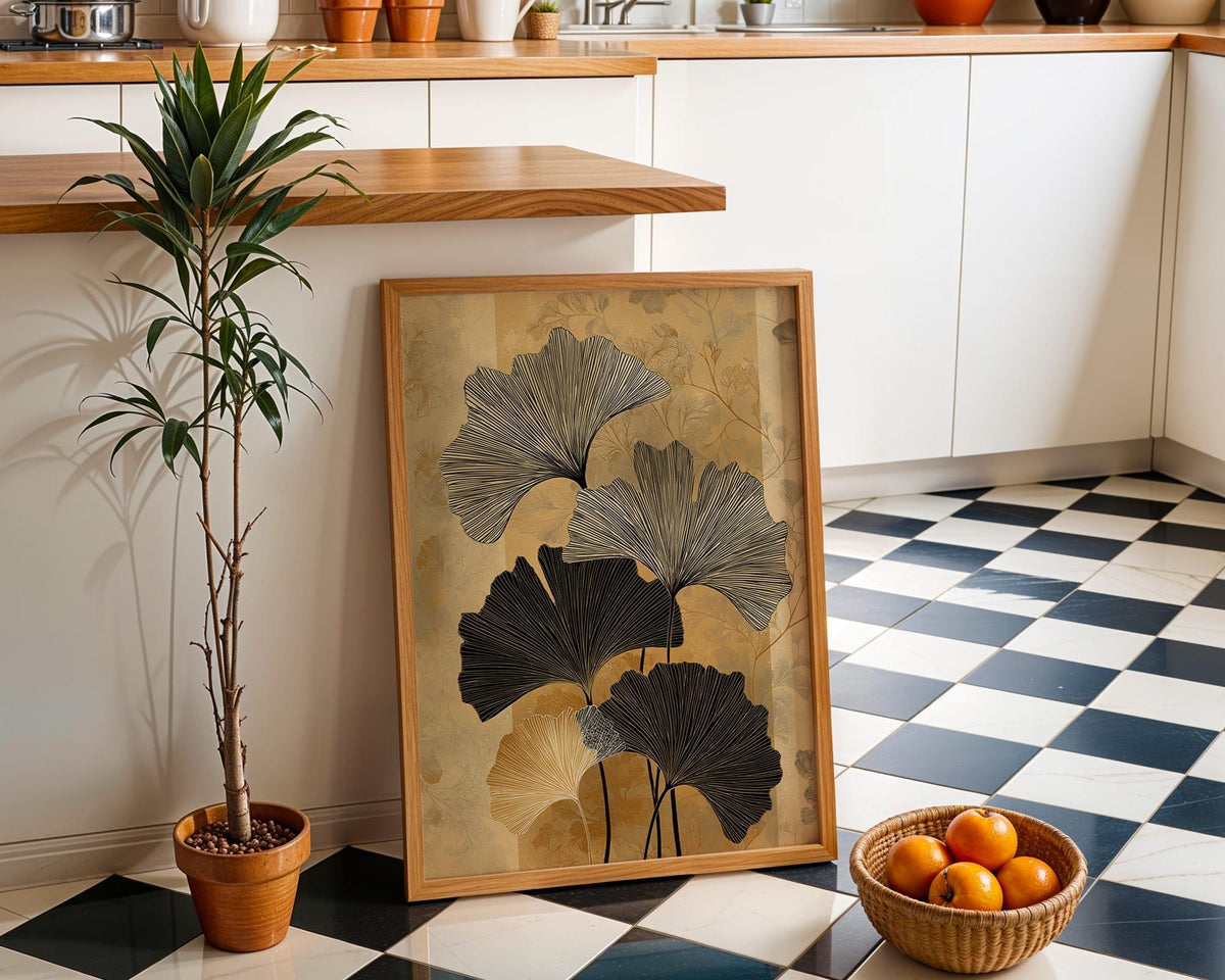 Black Gold Ginkgo Minimalist Botanical Art Deco Luxury Neutral Wall Art