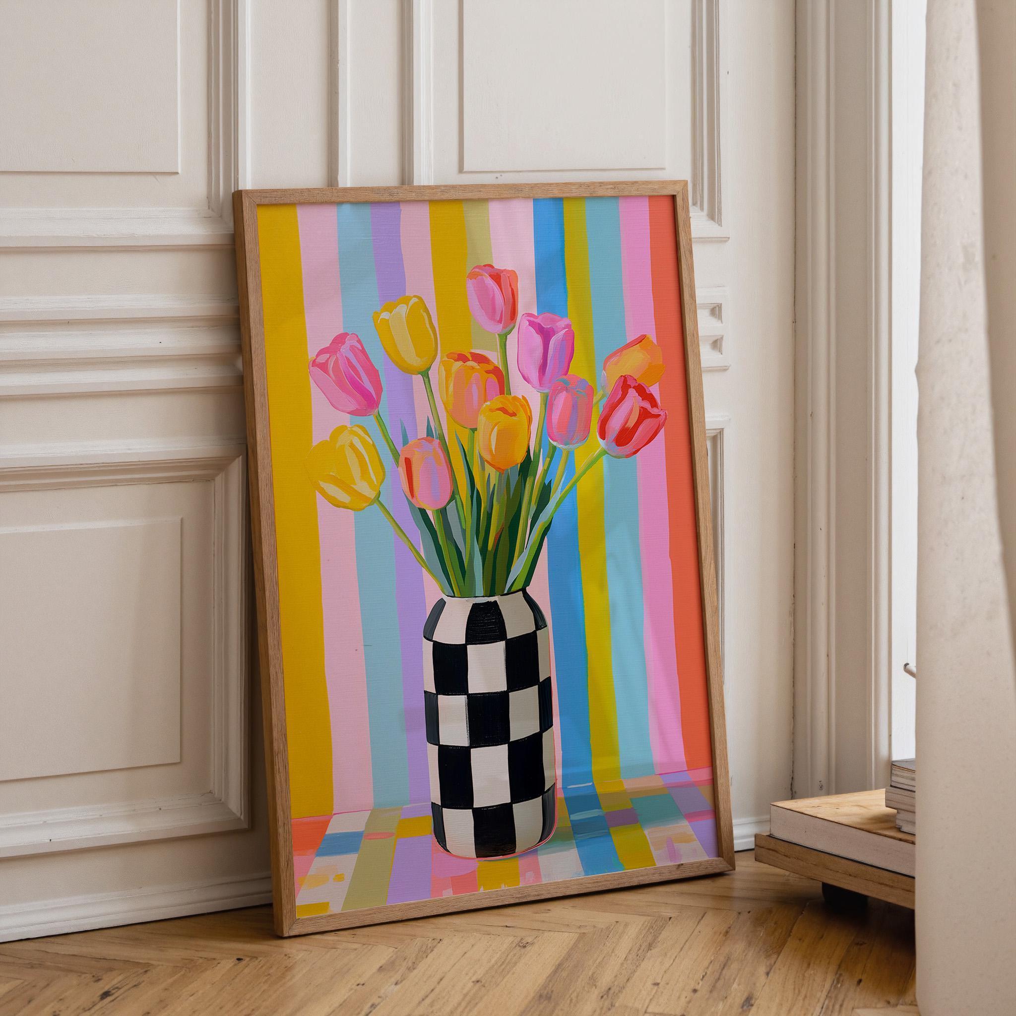 Pastel Tulip Vase Checkered Modern Floral Wall Art