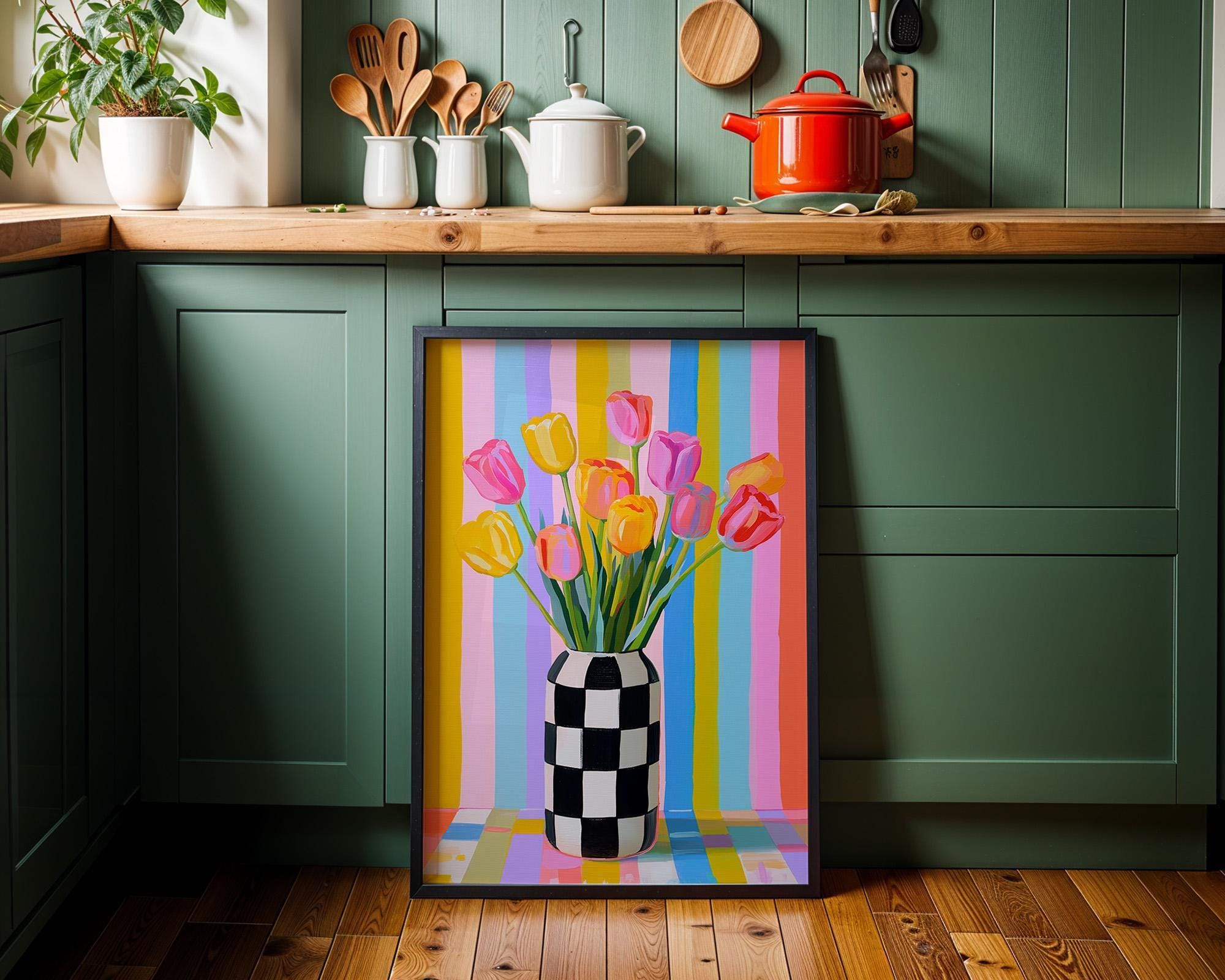 Pastel Tulip Vase Checkered Modern Floral Wall Art
