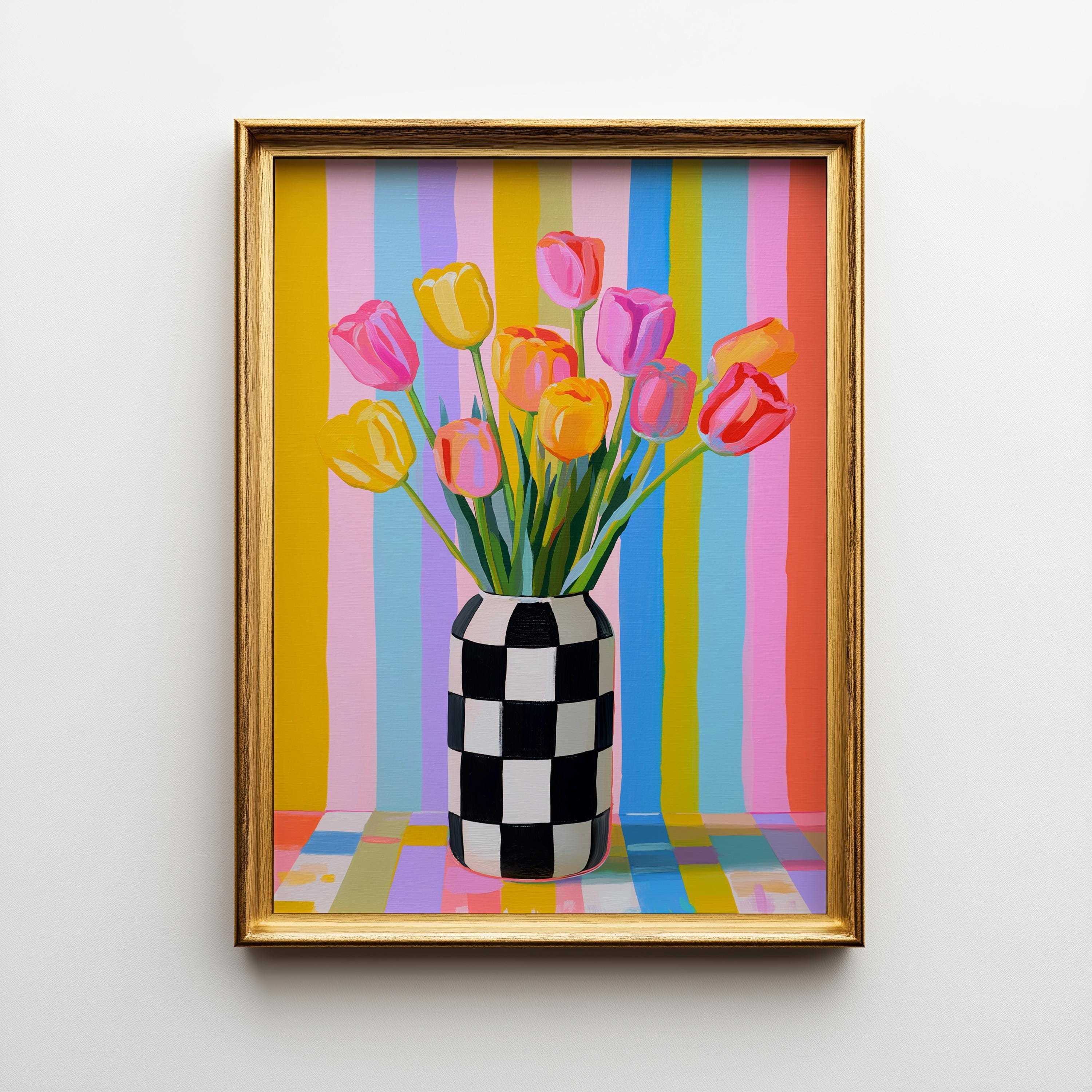 Pastel Tulip Vase Checkered Modern Floral Wall Art