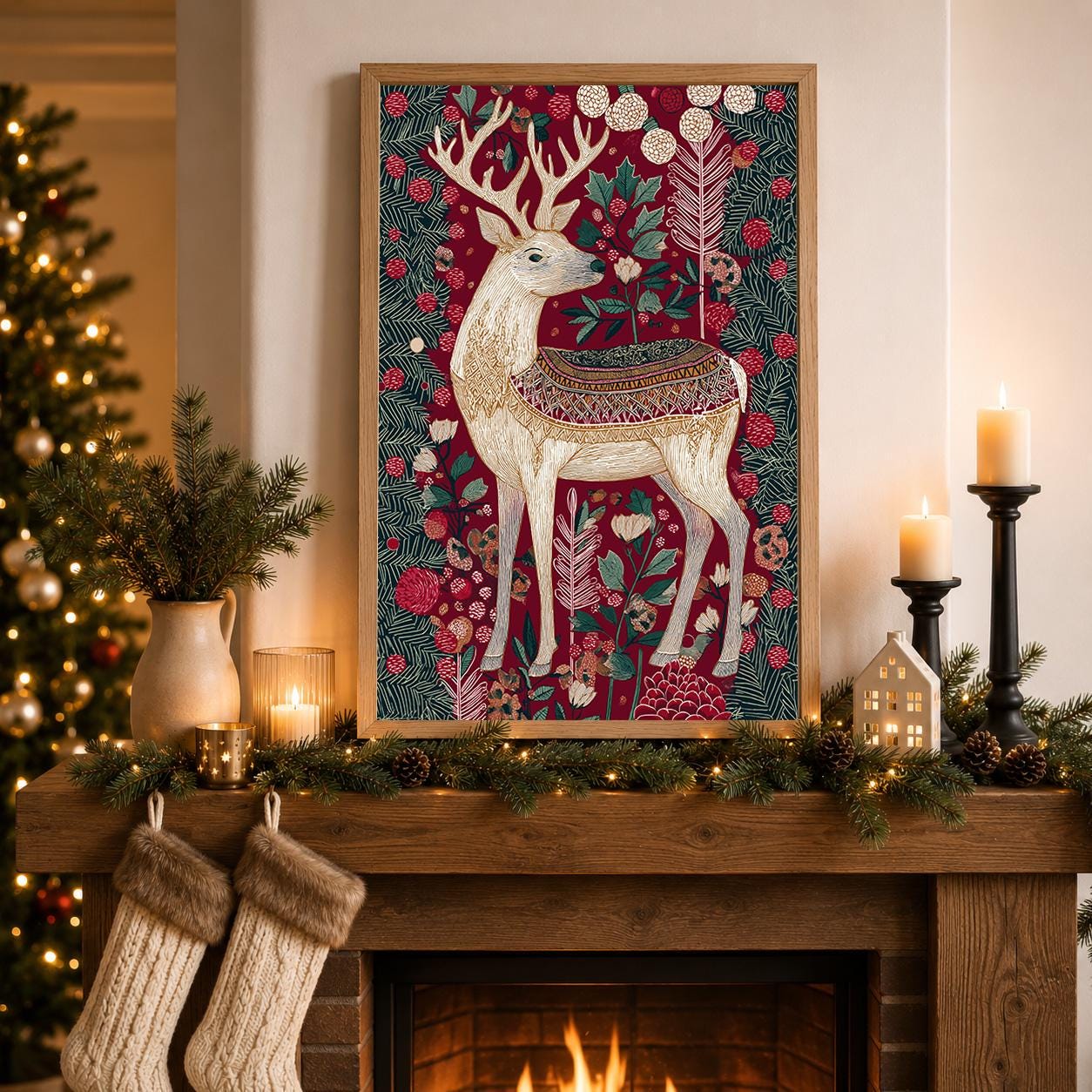 Scandinavian Reindeer Christmas Nordic Folk Botanical Holiday Wall Art by The Wall Art Studio