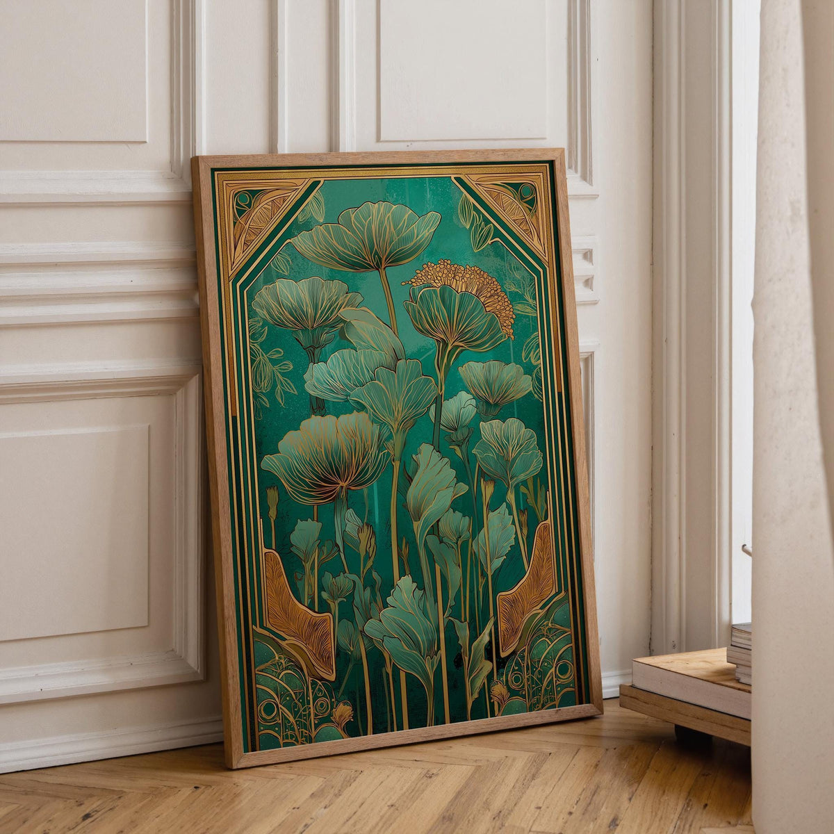 Art Nouveau Floral Green and Gold Botanical Wall Art by The Wall Art Studio