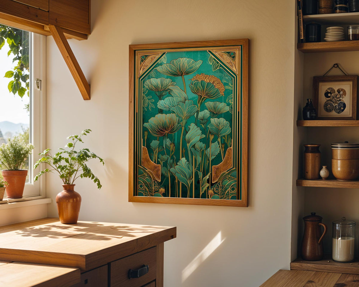 Art Nouveau Floral Green and Gold Botanical Wall Art by The Wall Art Studio
