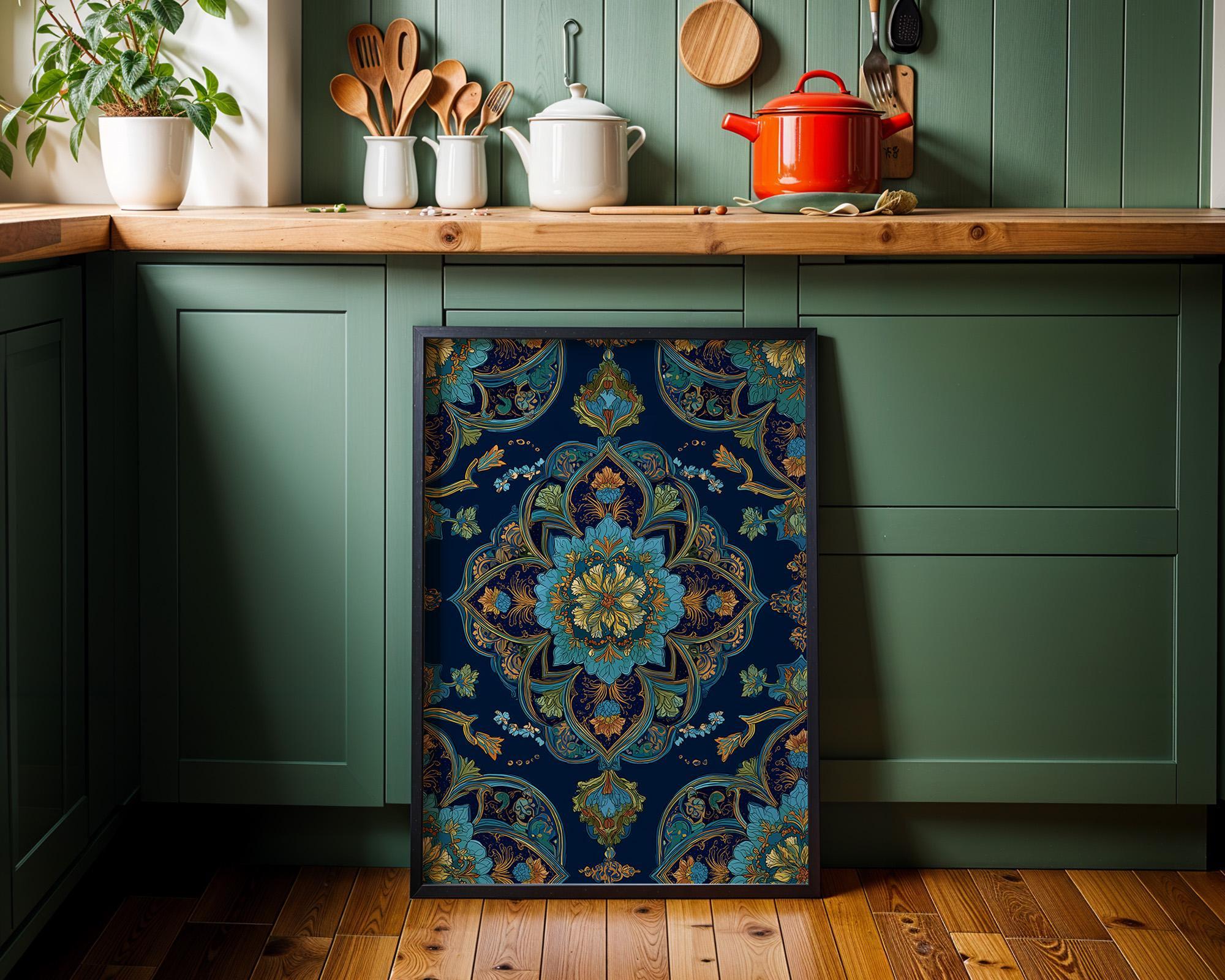 Islamic Floral Blue & Gold Moroccan Arabic Pattern Wall Art by The Wall Art Studio
