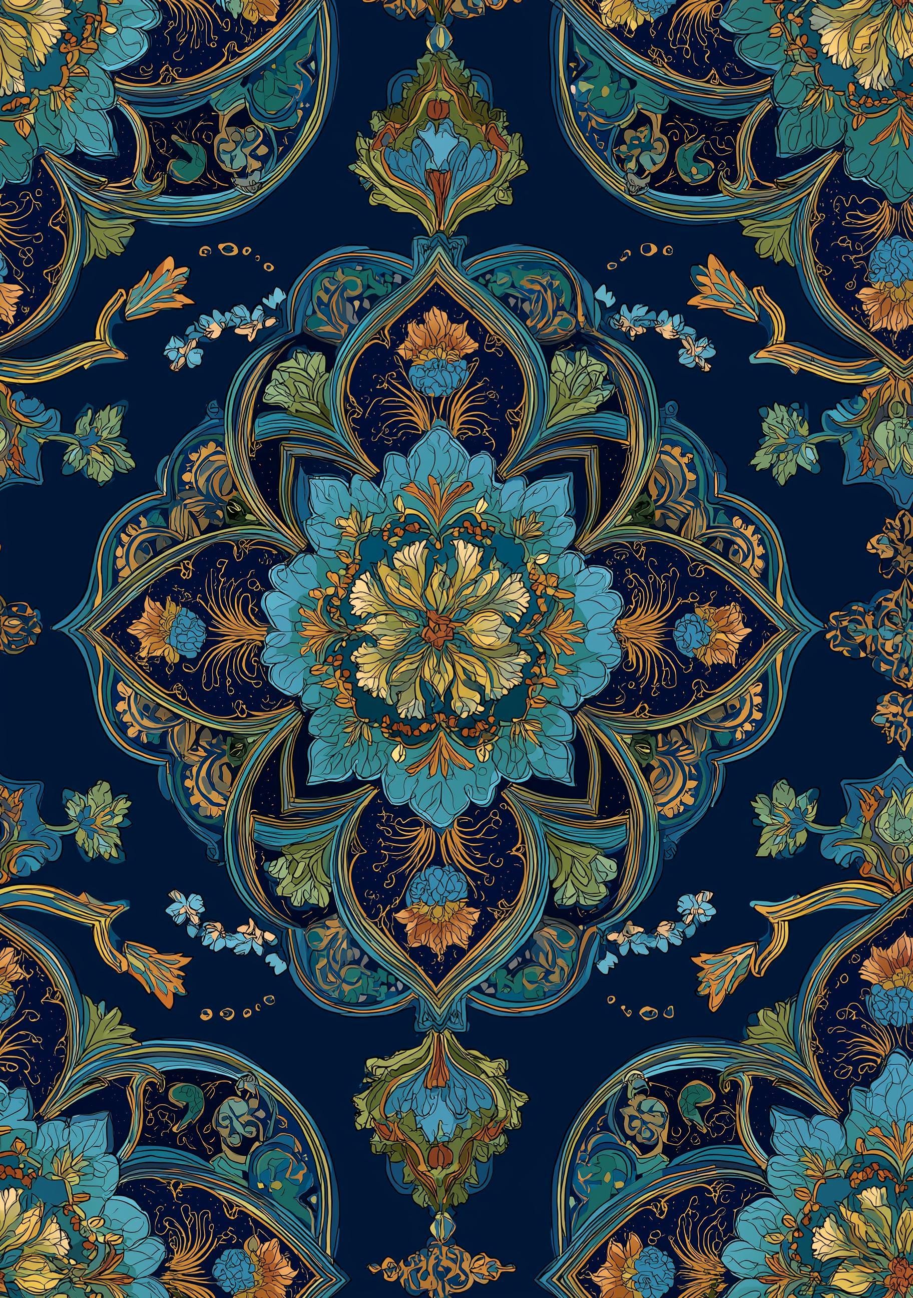 Islamic Floral Blue & Gold Moroccan Arabic Pattern Wall Art by The Wall Art Studio