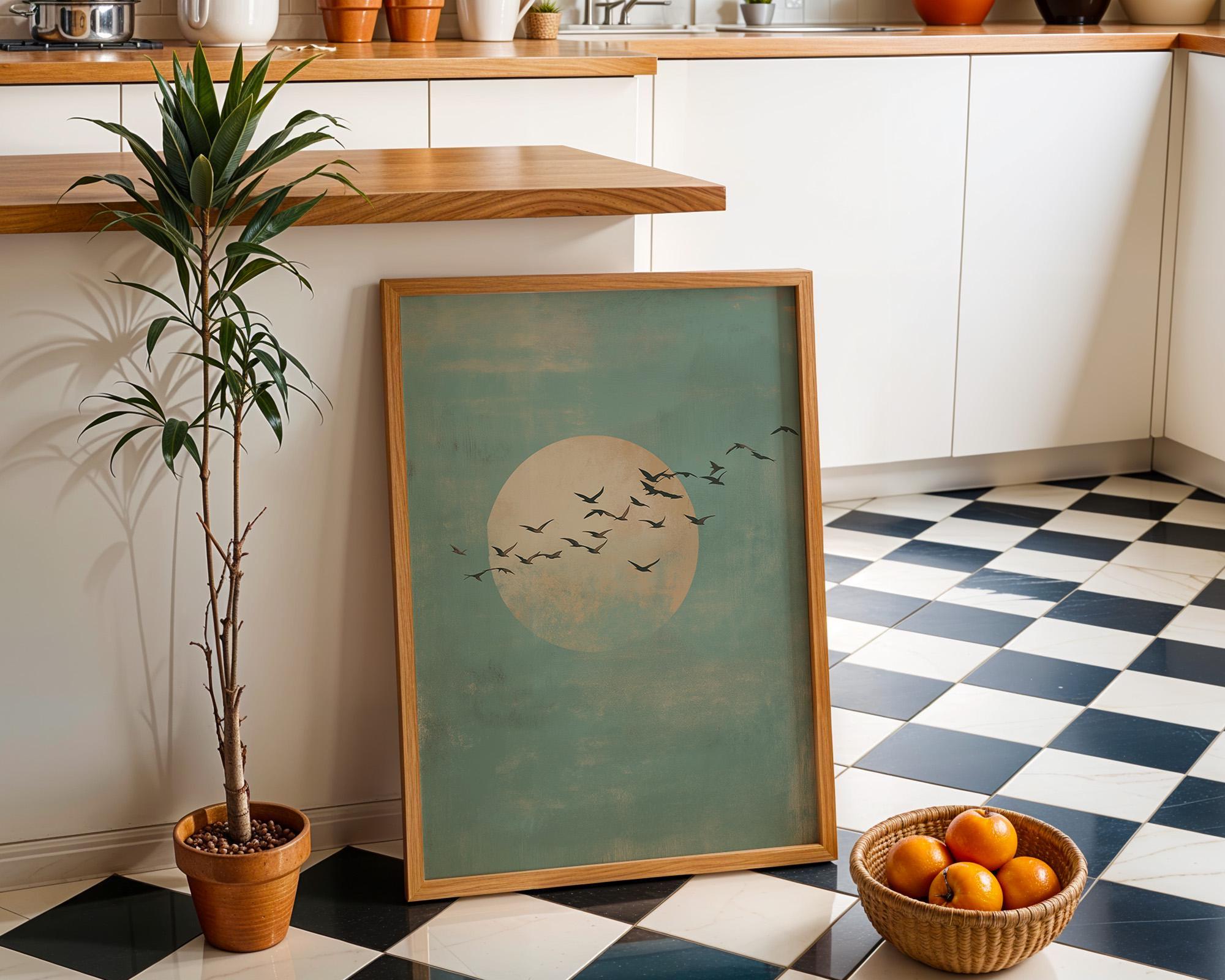 Minimalist Moon & Birds Soft Blue Sky Japandi Wall Art by The Wall Art Studio - physical