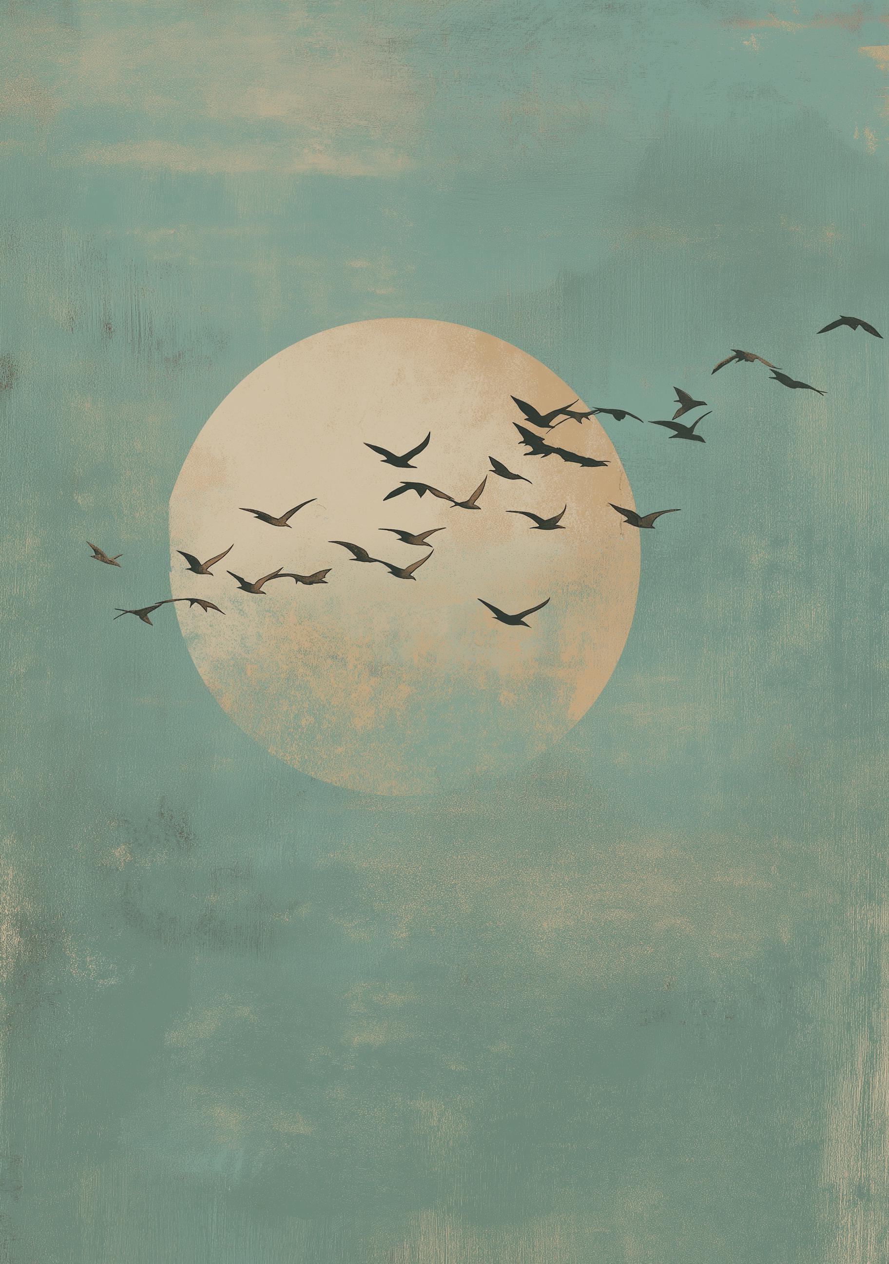 Minimalist Moon & Birds Soft Blue Sky Japandi Wall Art by The Wall Art Studio - physical