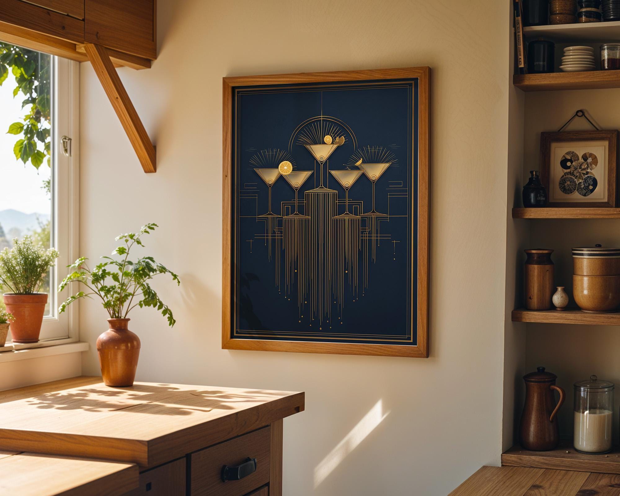 Art Deco Cocktail Wall Art Print, Minimalist Martini Illustration, Blue, Pink and Gold Bar Décor