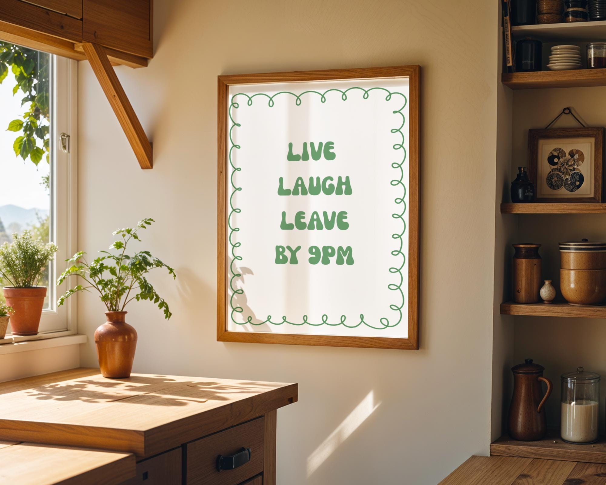 Funny Quote “Live Laugh Leave by 9PM” Minimalist Wall Art Green by The Wall Art Studio - physical