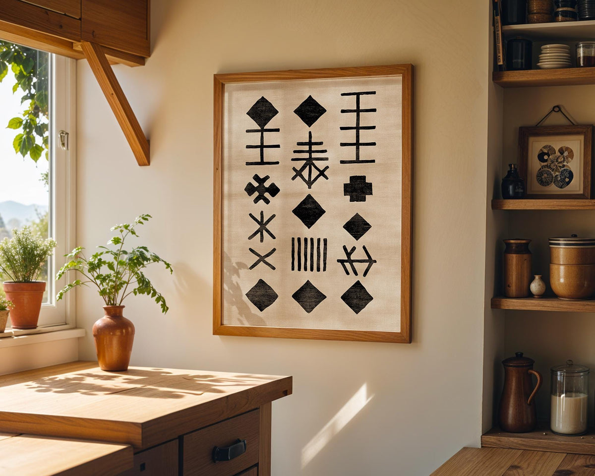 African Mudcloth Tribal Symbol Pattern Boho Neutral Wall Art