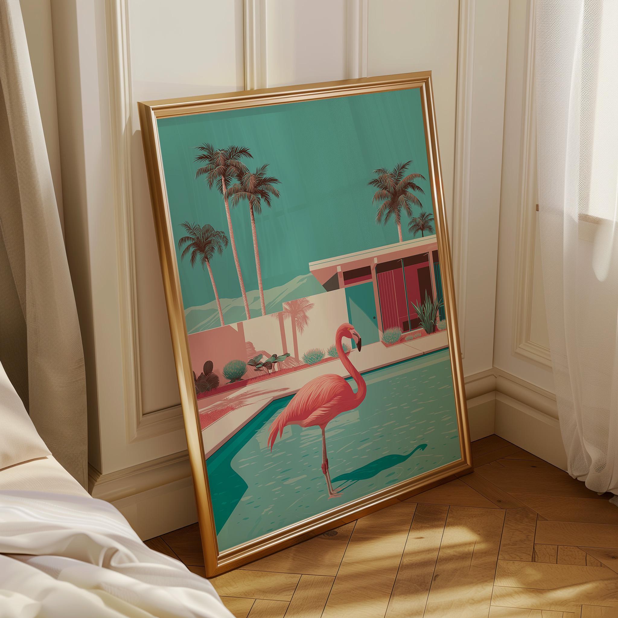 Mid Century Modern Flamingo Pool Desert House Retro Wall Art by The Wall Art Studio - physical