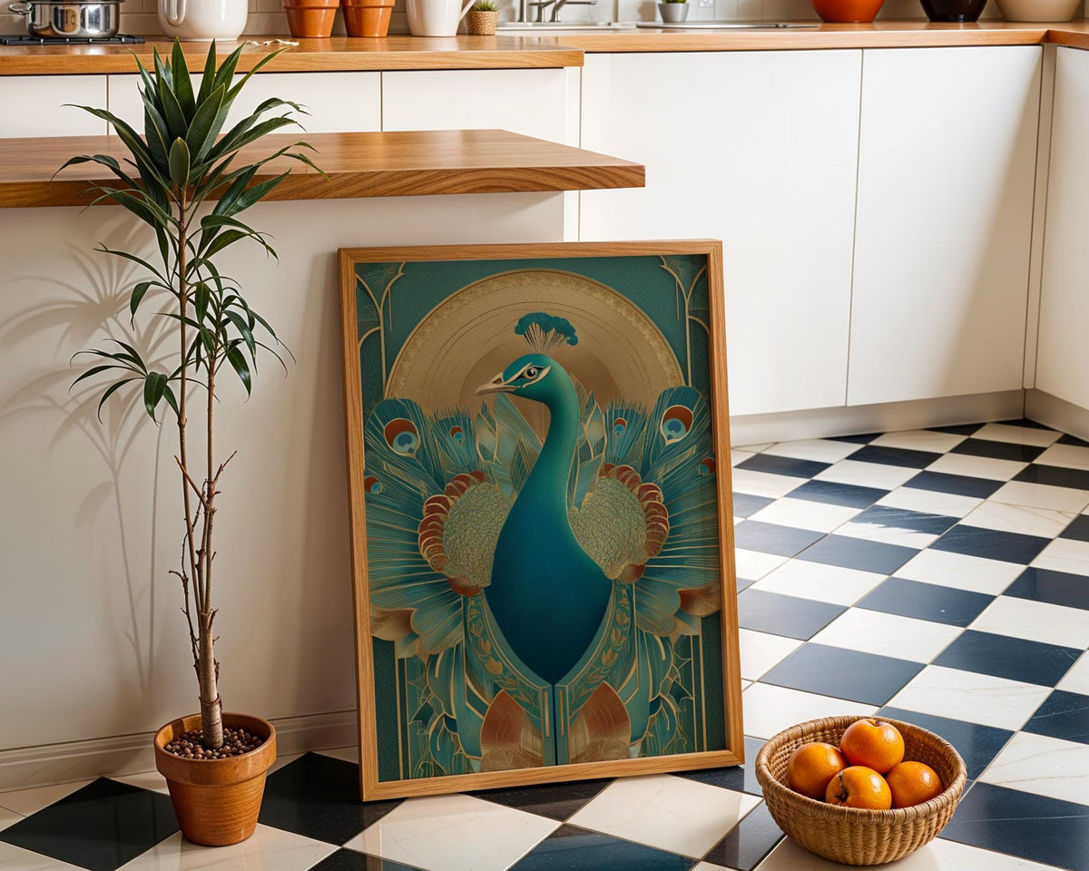 Art Deco Peacock Teal and Gold Elegant Bird Vintage Glam Wall Art by The Wall Art Studio - physical