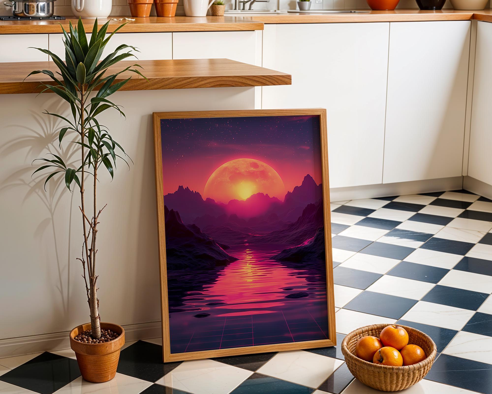 1980s Retro Futuristic Neon Synthwave Chrome Sphere Wall Art by The Wall Art Studio