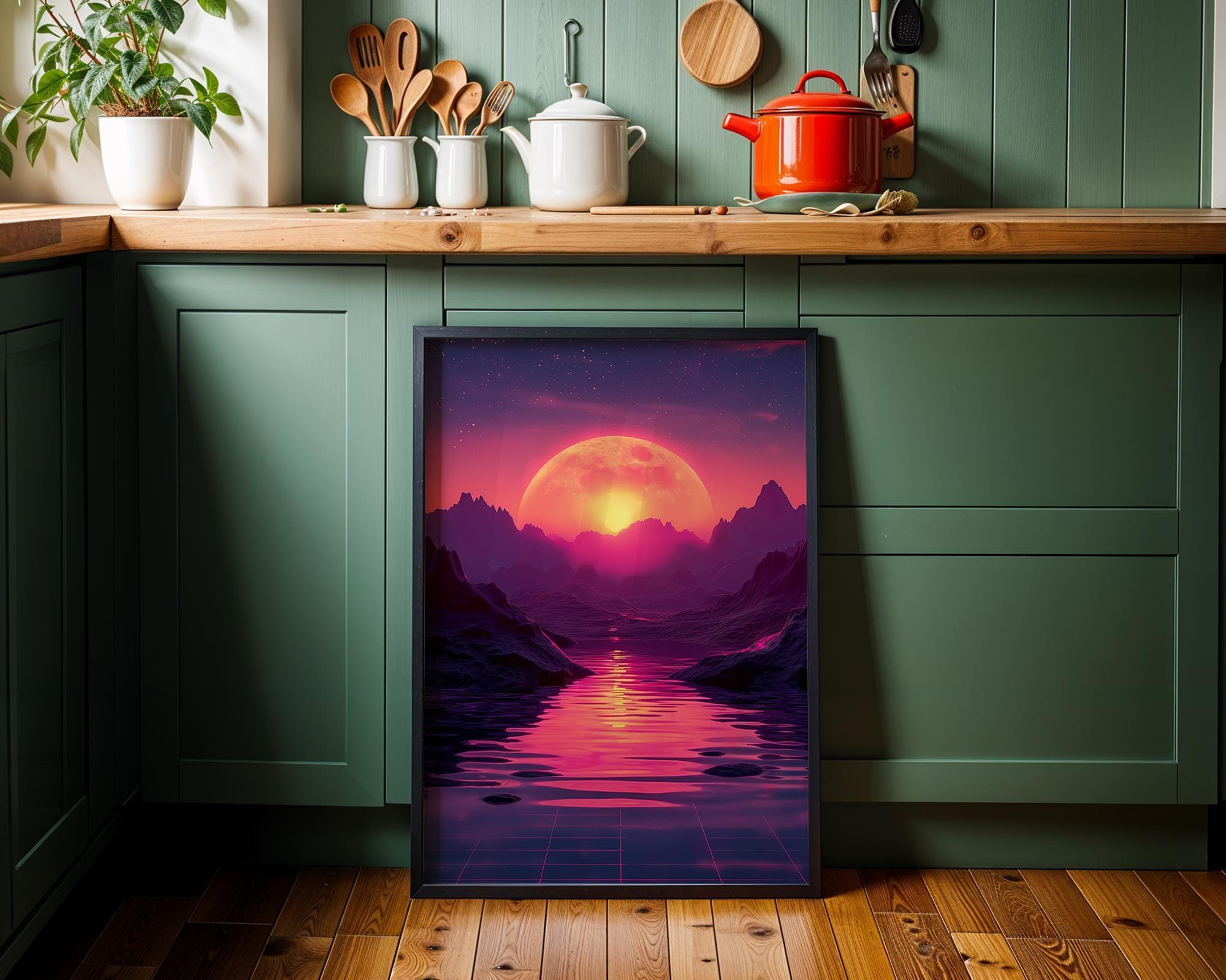 1980s Retro Futuristic Neon Synthwave Chrome Sphere Wall Art by The Wall Art Studio