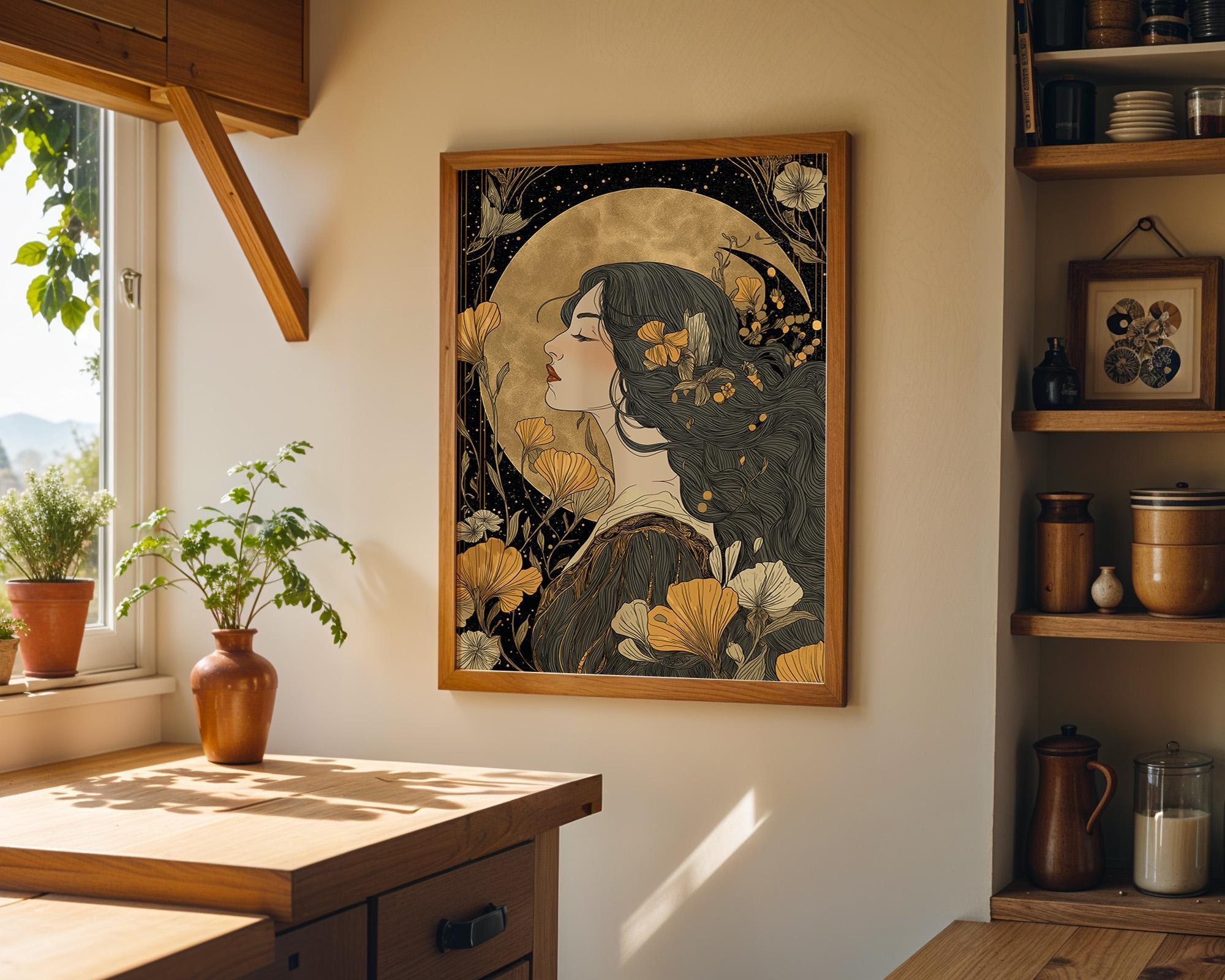 Art Nouveau Woman Portrait Celestial Gold Floral Wall Art by The Wall Art Studio