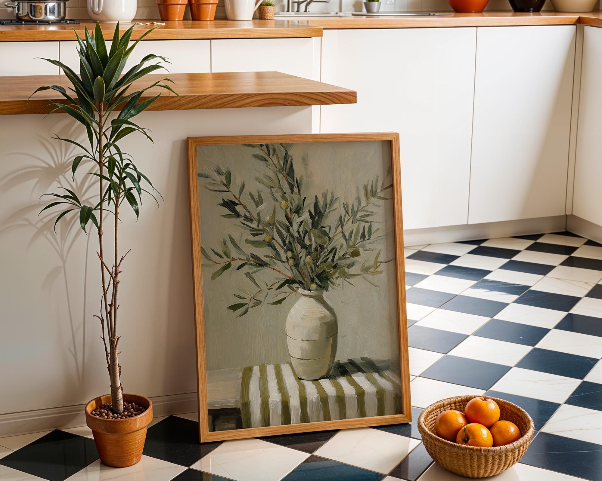 Olive Branch Vase Rustic Mediterranean Neutral Farmhouse Kitchen Wall Art by The Wall Art Studio - physical