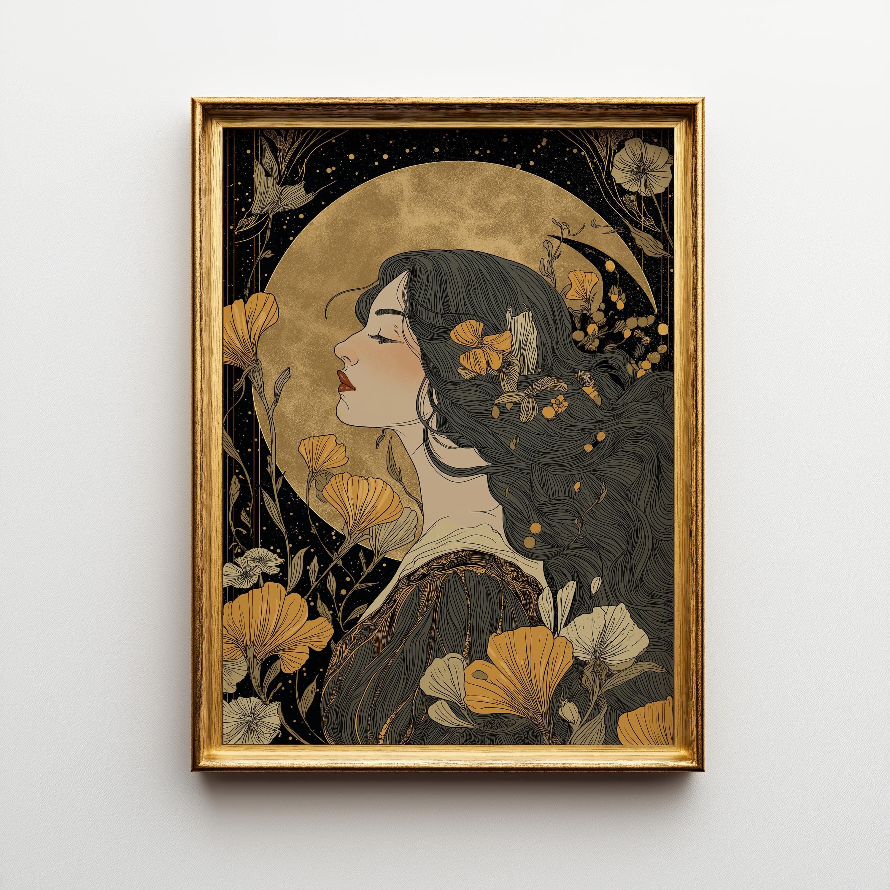 Art Nouveau Woman Portrait Celestial Gold Floral Wall Art by The Wall Art Studio