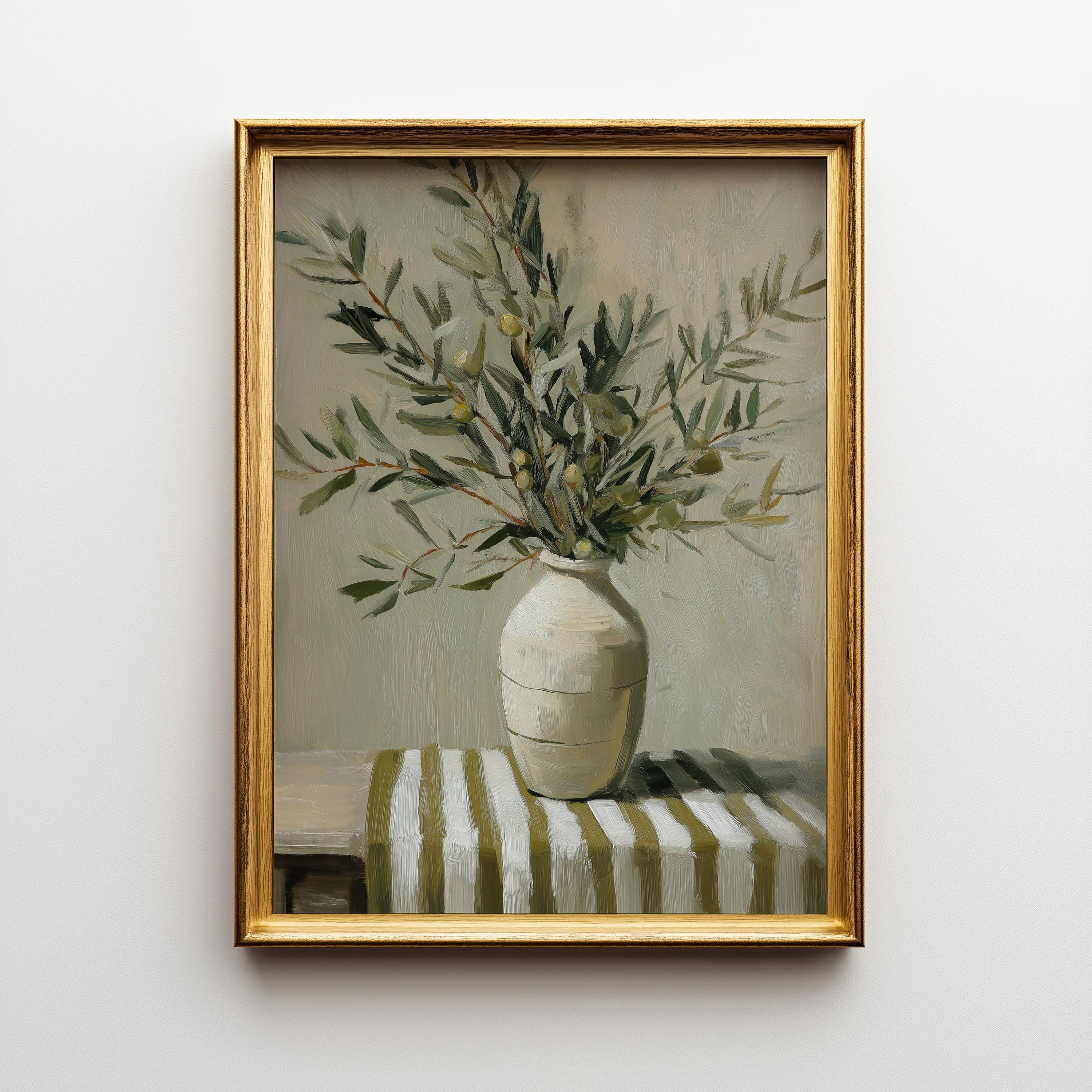 Olive Branch Vase Rustic Mediterranean Neutral Farmhouse Kitchen Wall Art by The Wall Art Studio - physical