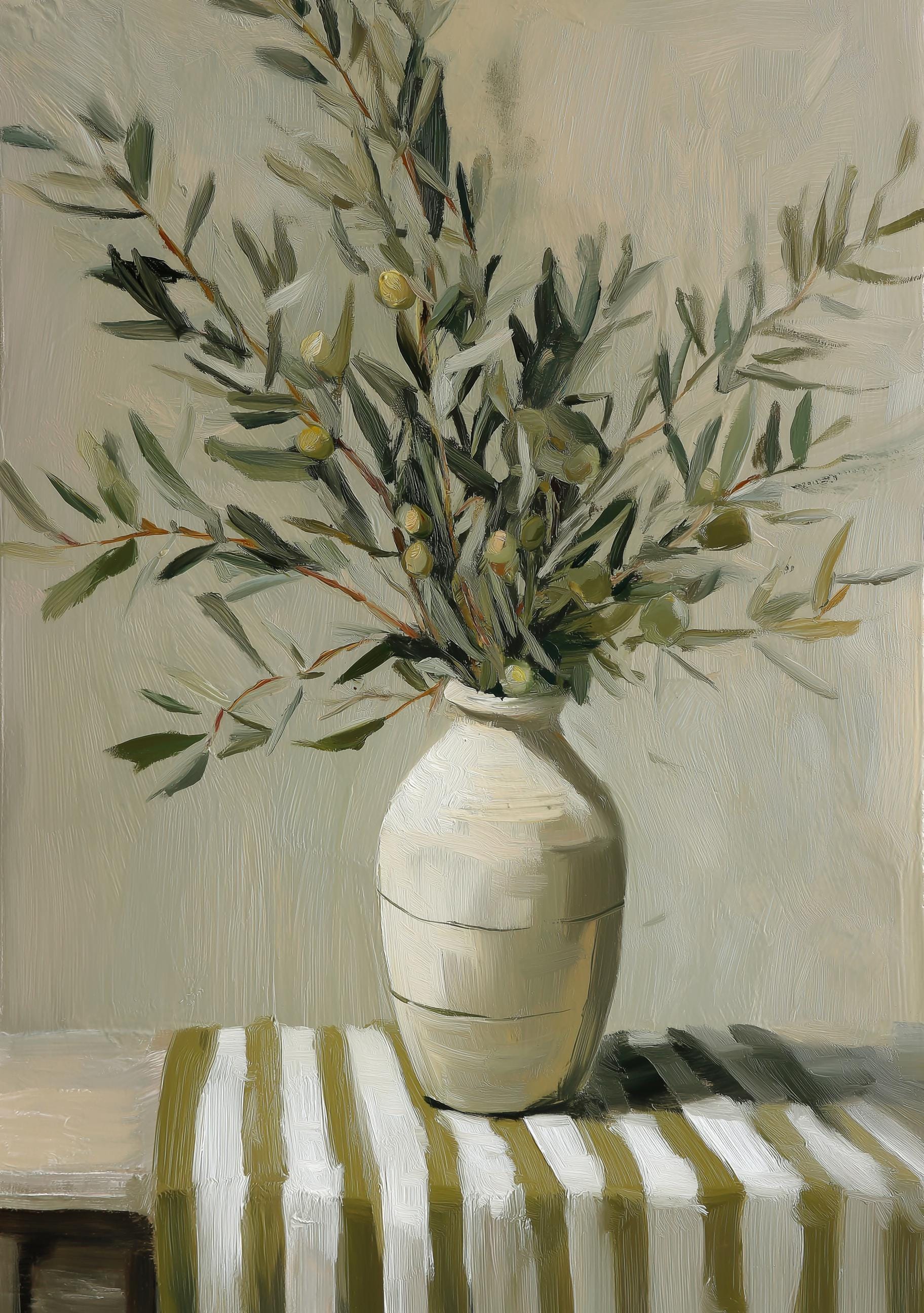 Olive Branch Vase Rustic Mediterranean Neutral Farmhouse Kitchen Wall Art by The Wall Art Studio - physical