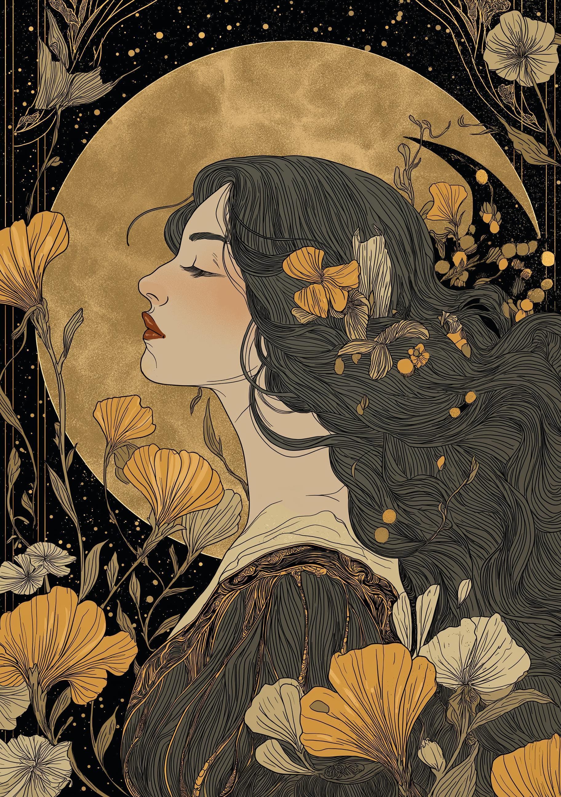 Art Nouveau Woman Portrait Celestial Gold Floral Wall Art by The Wall Art Studio