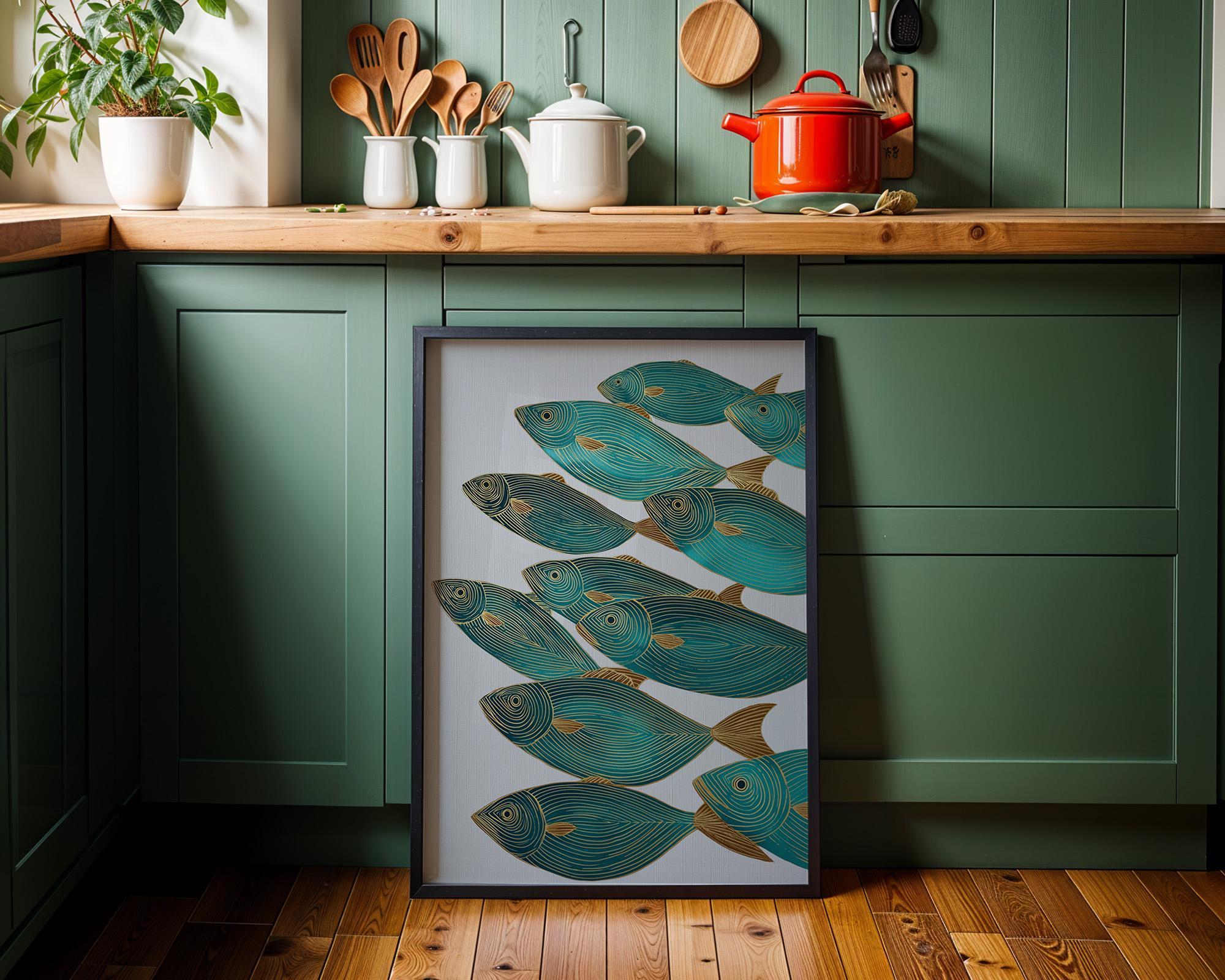 Teal Fish Coastal Nautical Ocean Mid Century Marine Wall Art