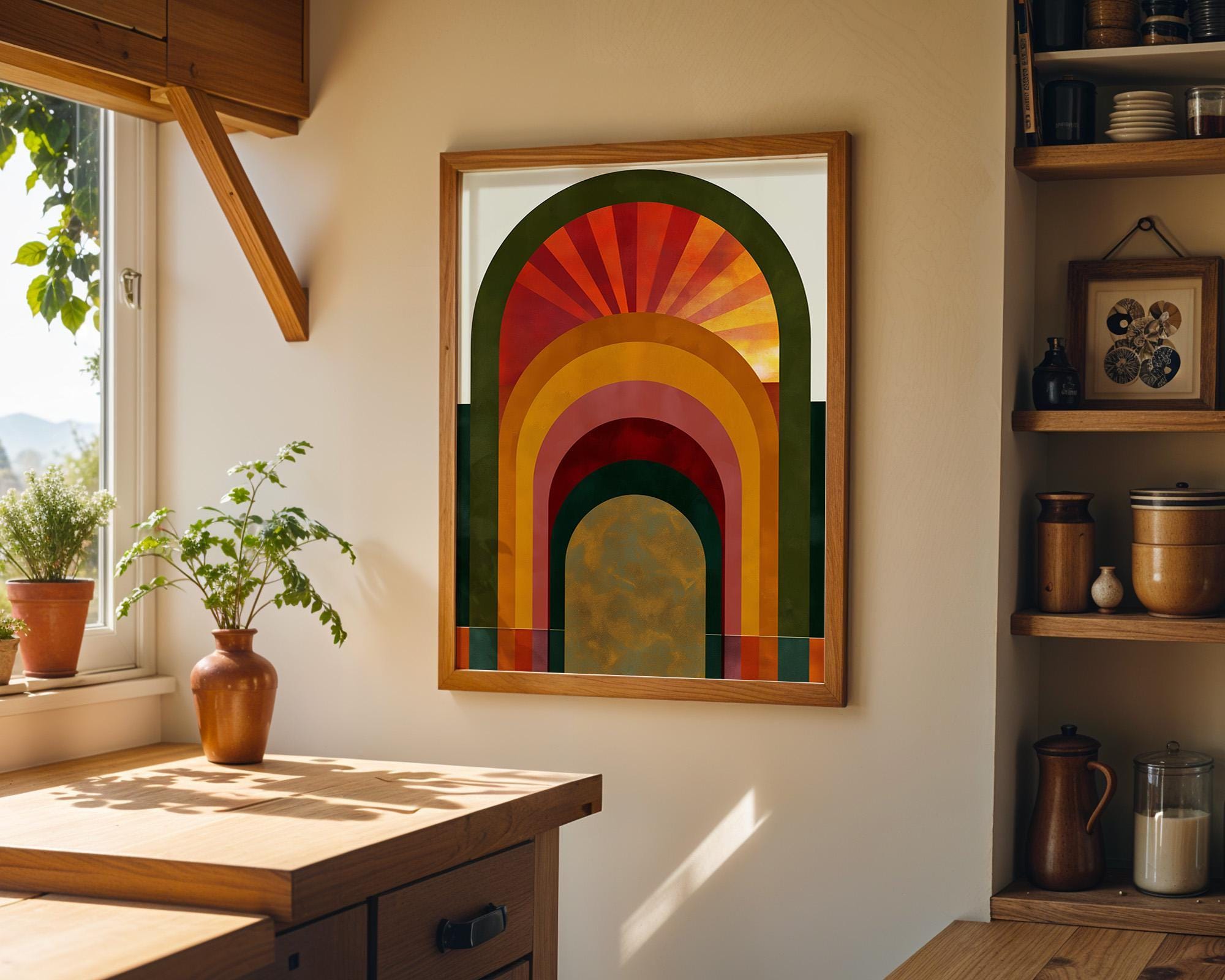 Green, Gold & Orange Art Deco Sunrise Arch Geometric Retro Wall Art by The Wall Art Studio