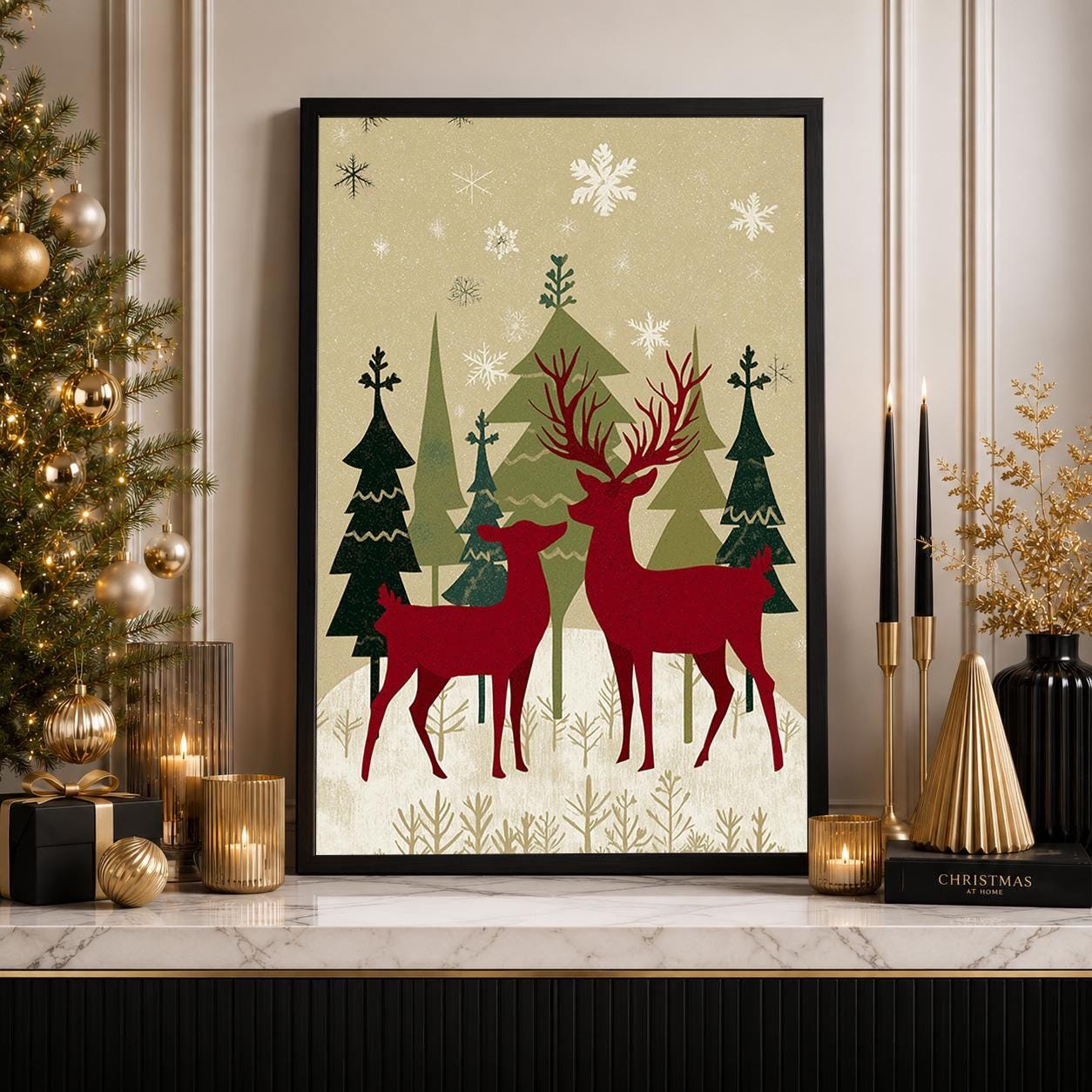 Scandinavian Christmas Nordic Reindeer Family Wall Art by The Wall Art Studio