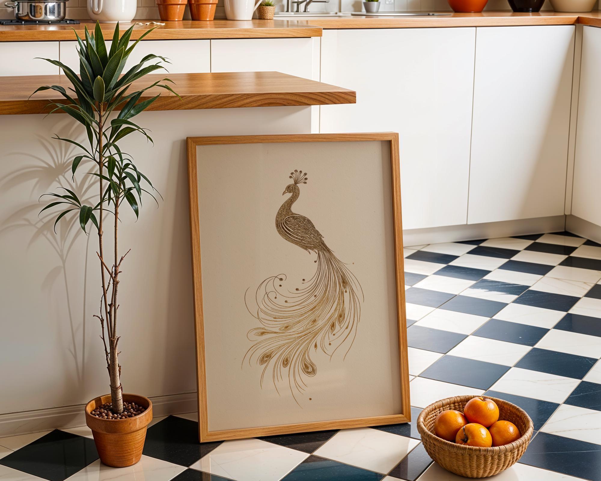 Minimalist Peacock Line Art Elegant Gold Bird Wall Art by The Wall Art Studio - physical