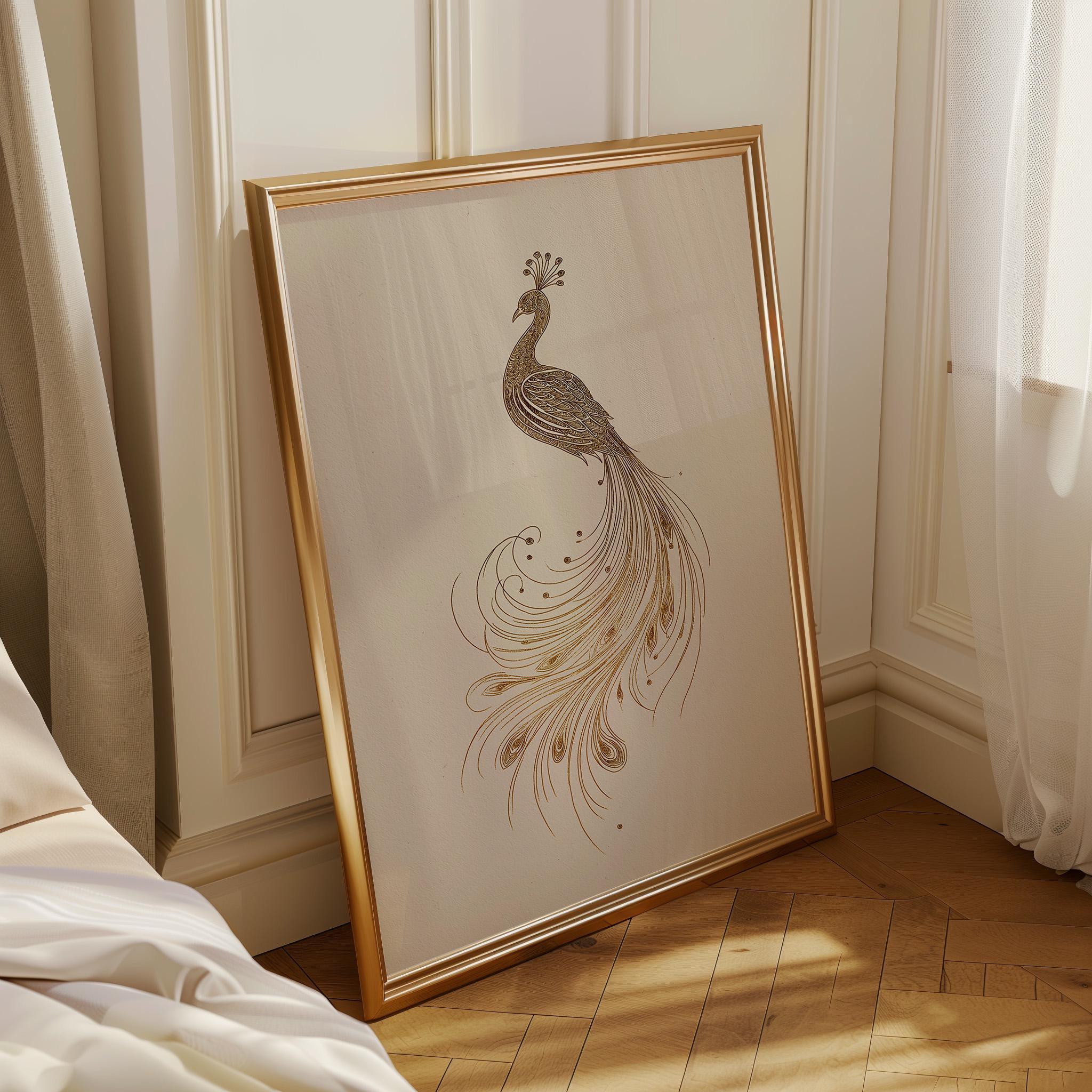 Minimalist Peacock Line Art Elegant Gold Bird Wall Art by The Wall Art Studio - physical